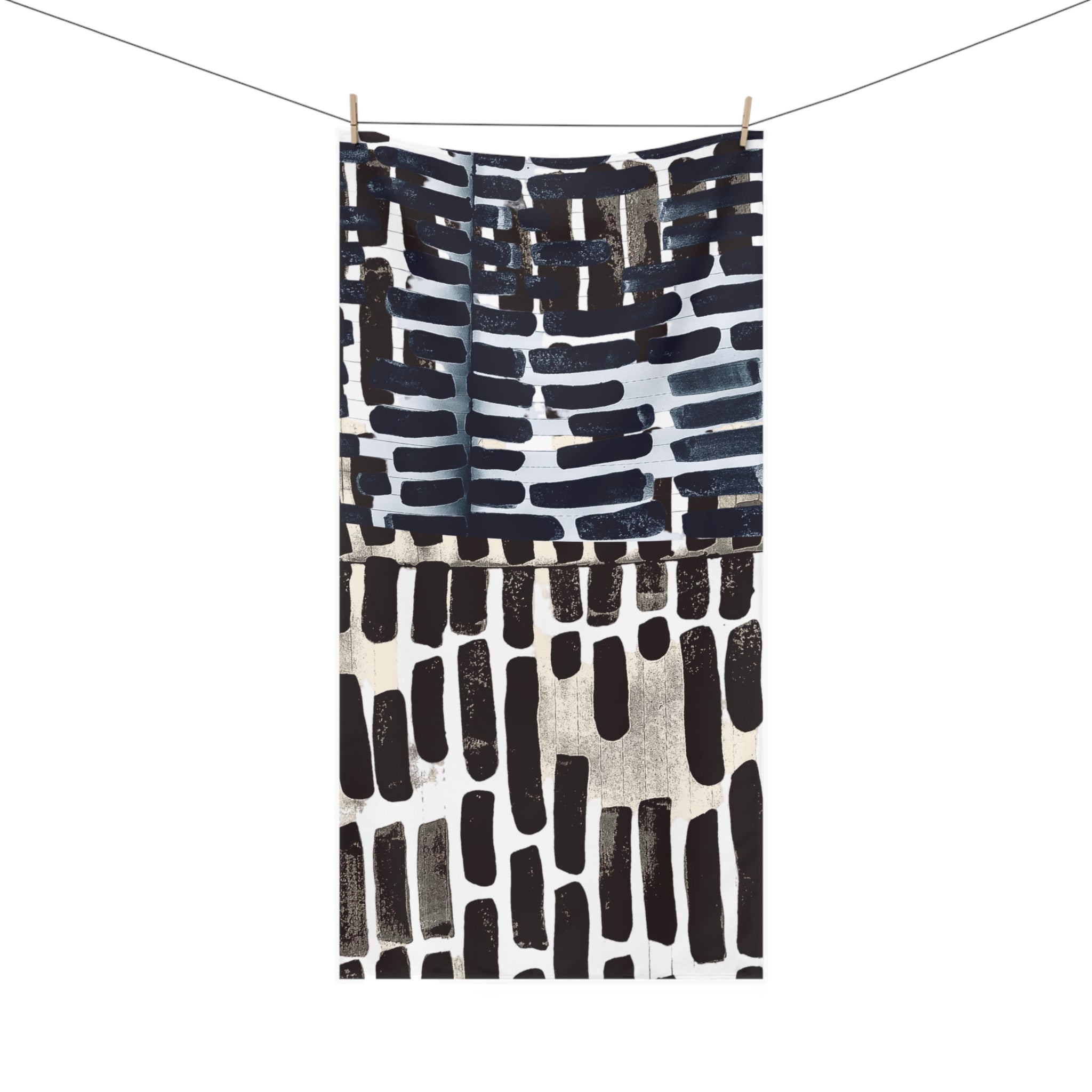 "Only My Notebook Knows How I Feel, My Heart Is On Every Page" Abstract Brushstroke Cotton Towel — Modern Navy & Black Bath or Beach Towel