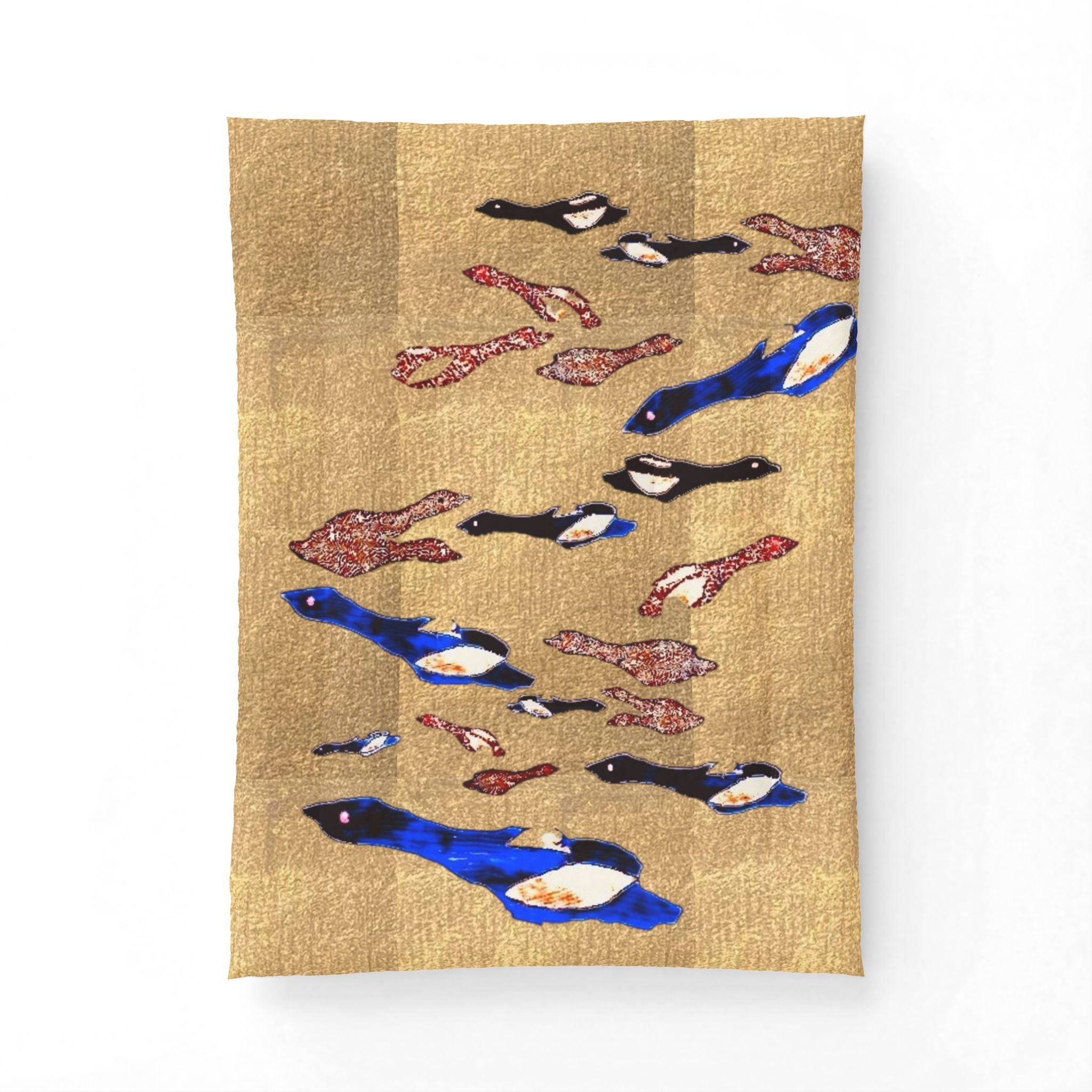 "Fly Me to the Moon" Bird Flock Cotton Comforter – Vintage Gold Blue Waterfowl Throw