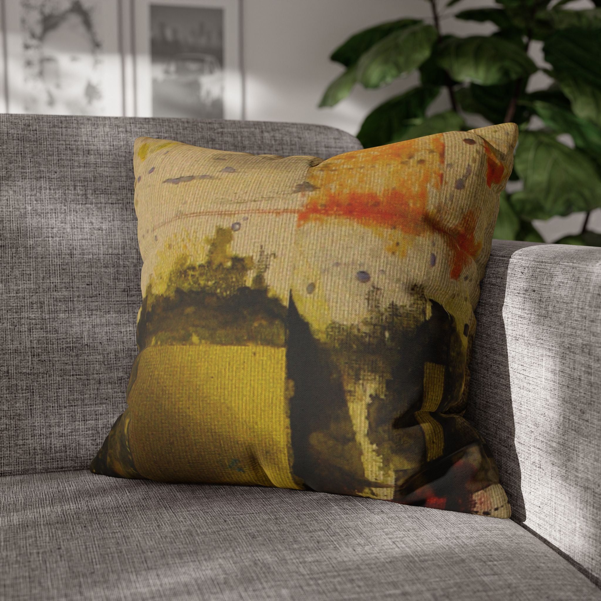 "Dance in the Rain" Abstract Yellow and Rust Painted Textile, Decorative Pillowcase — Modern Rustic Accent Cushion Cover