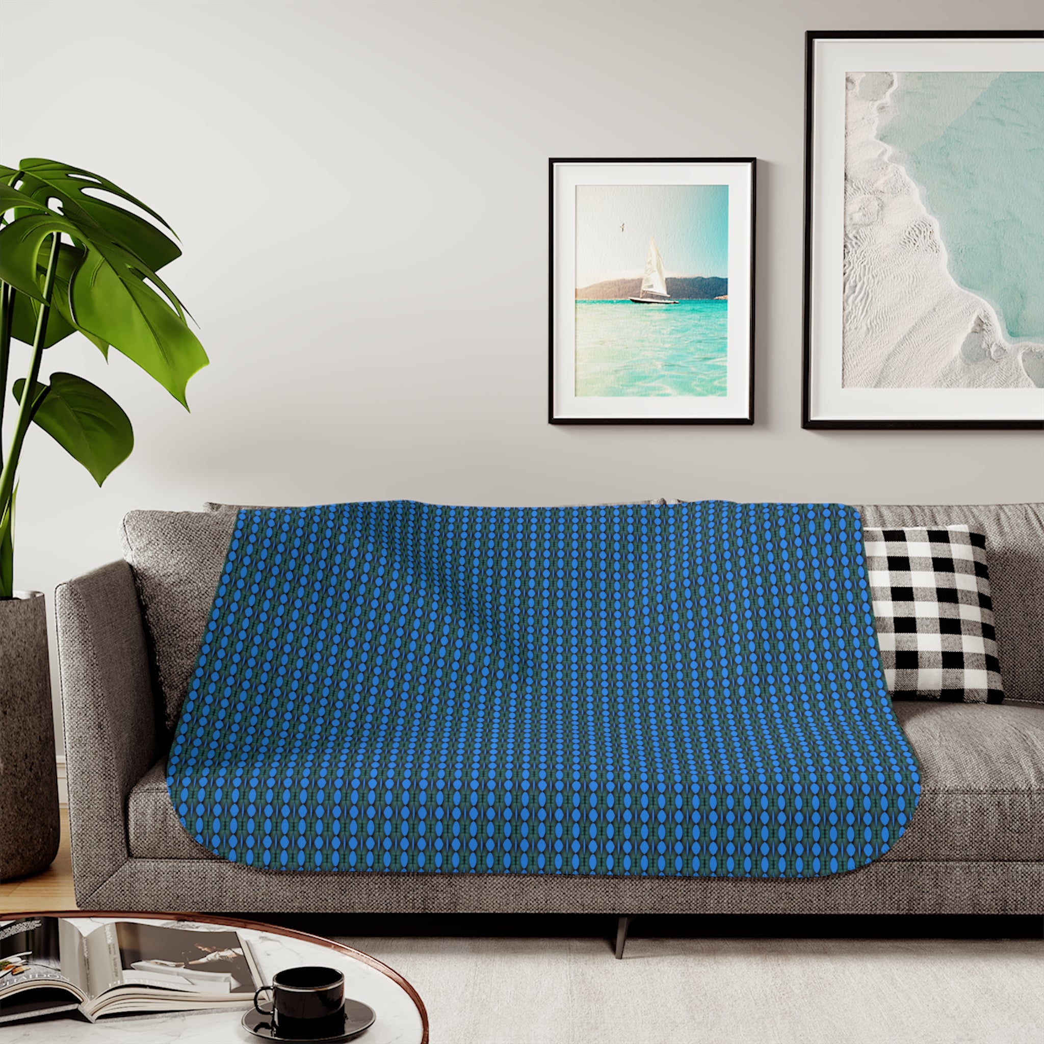 "Where Are We Going?" Cozy Reversible Sherpa Blanket — Blue Grid Print with Cream Plush Back