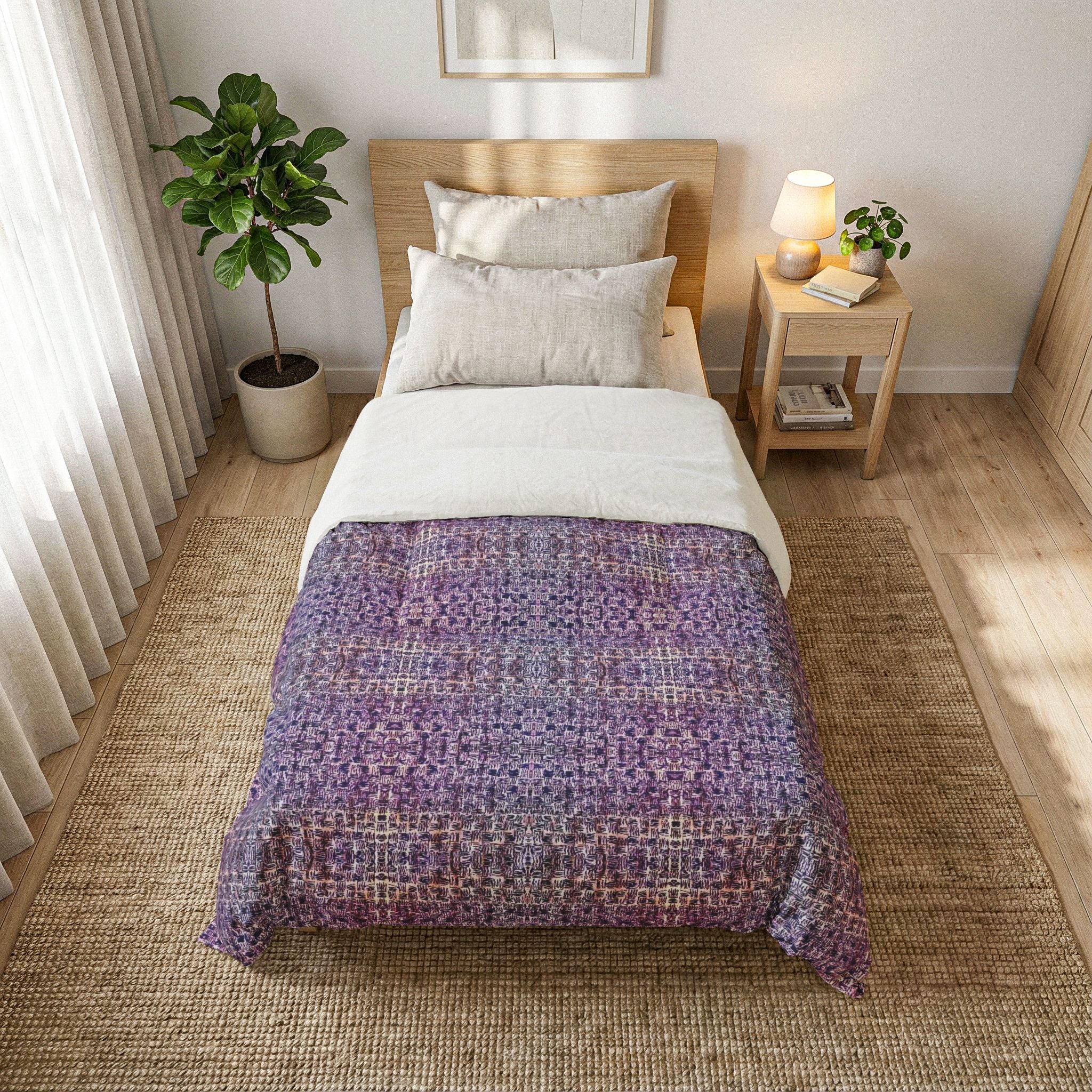 "Pauline, My Love" Purple Mosaic Cotton Comforter – Boho Floral Pattern Bedspread