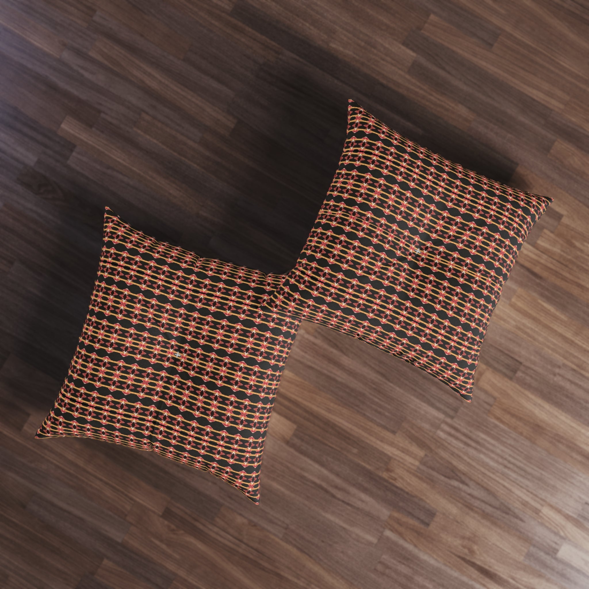 "Native America Now" Boho Geometric Tufted Floor Pillow — Rust & Black Square Accent