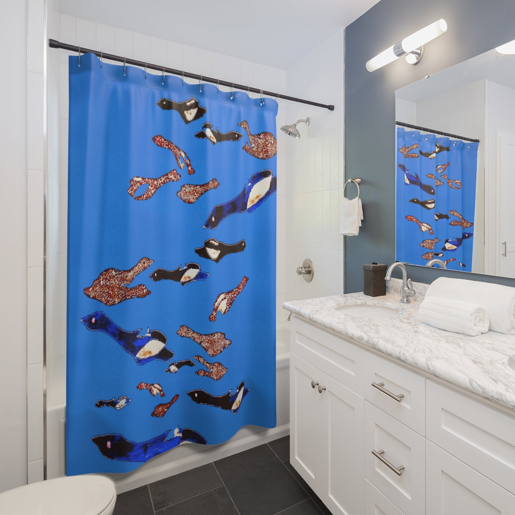 "Fly Me to the Moon" Ocean Penguin Shower Curtain - Blue School of Penguins Bathroom Decor