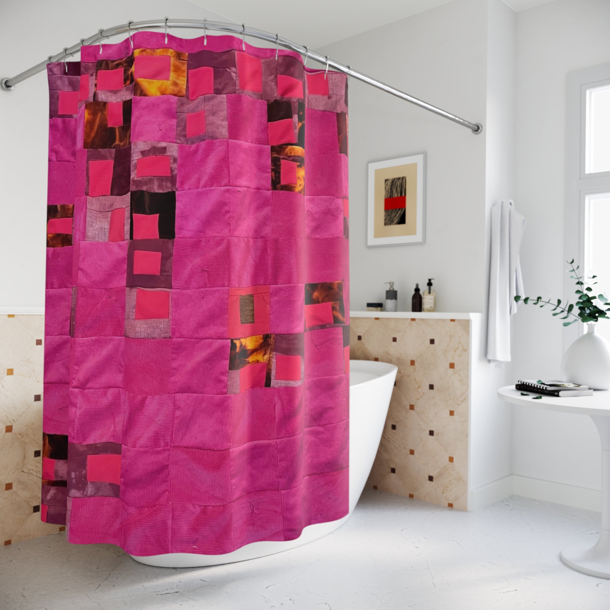 "Lela" Modern Pink Mosaic Shower Curtain — Abstract Geometric Bathroom Decor