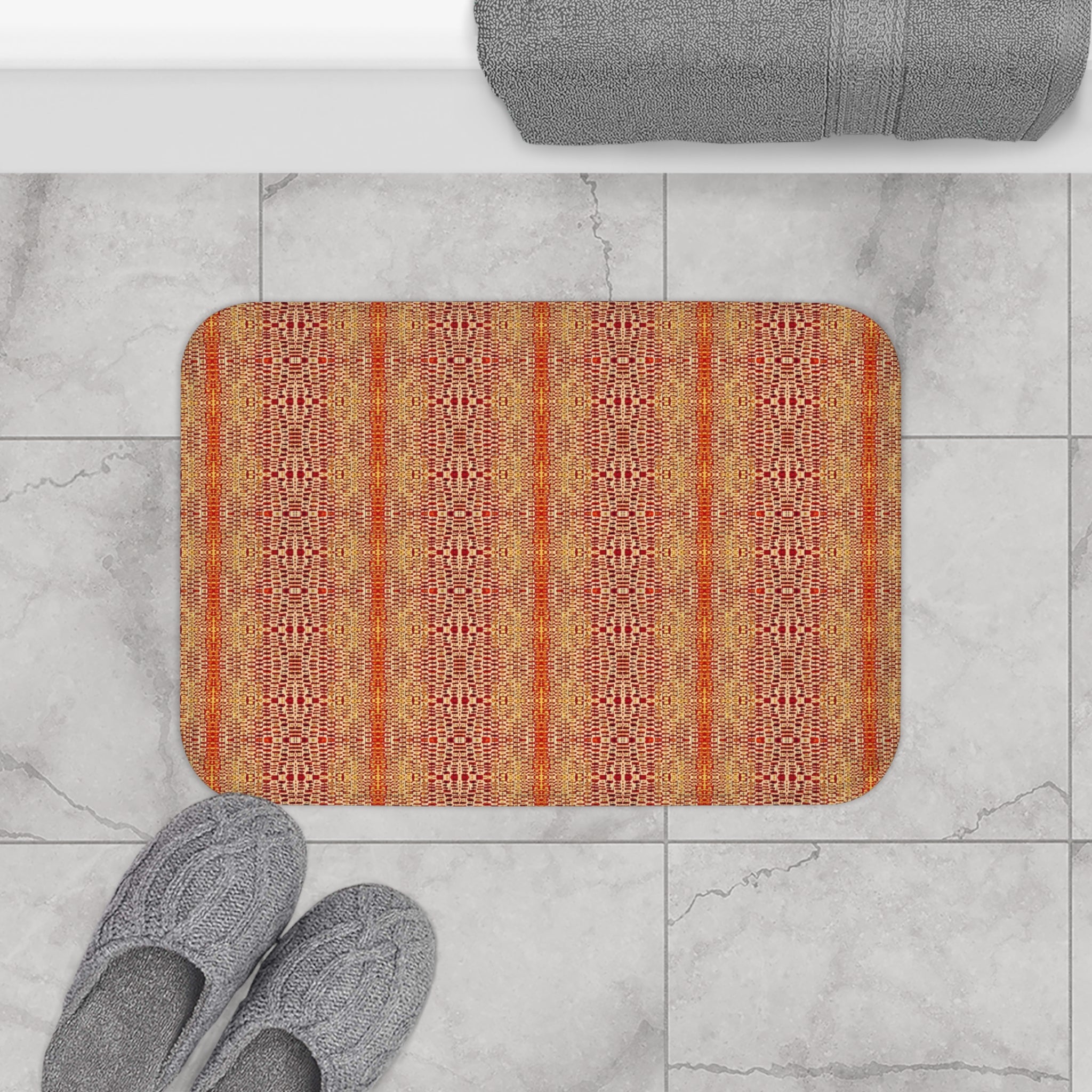 "Queen Mother" Warm Boho Woven Stripe Bath Mat — Rustic Orange Red Bathroom Rug