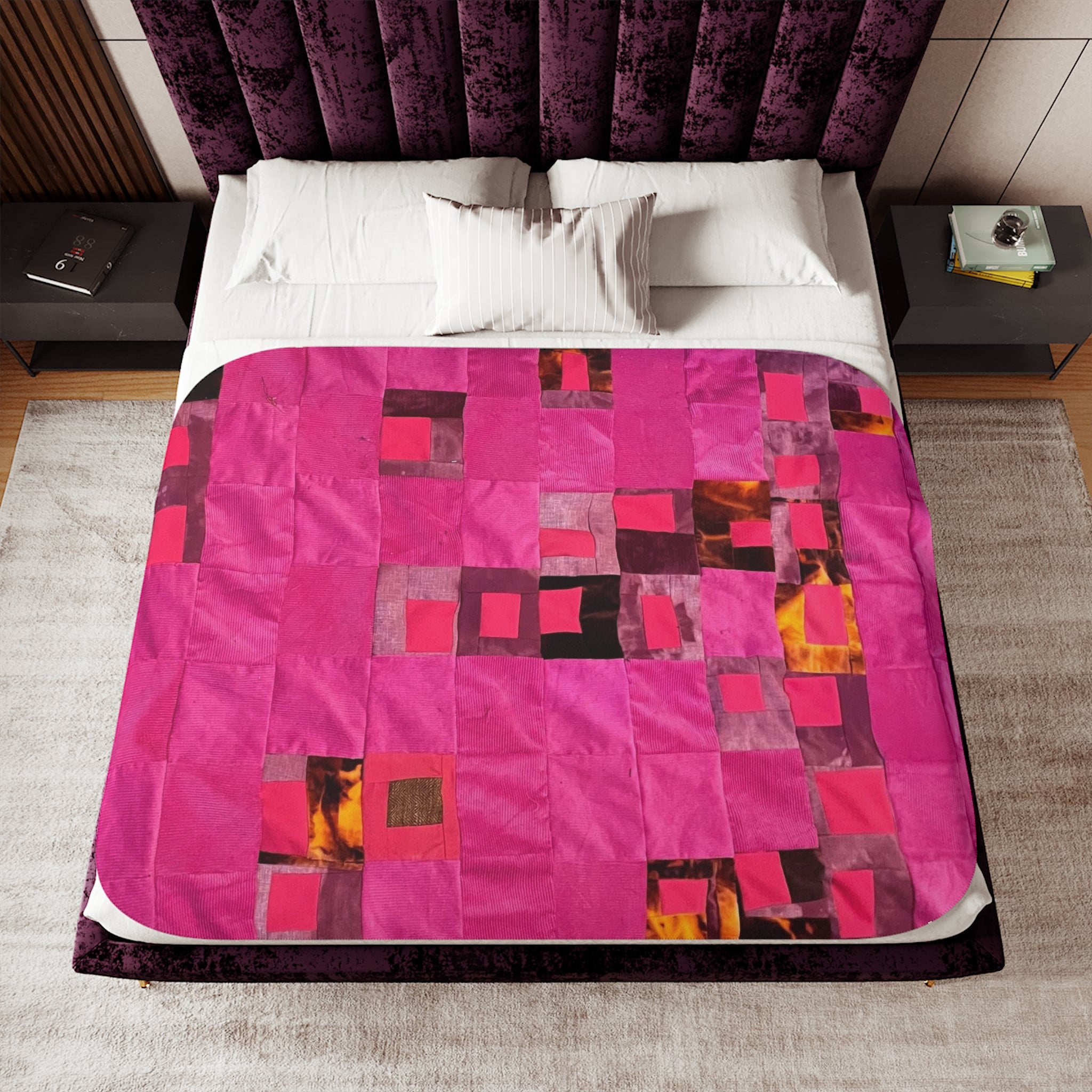 "Lela" Pink Geometric Sherpa Blanket — Cozy Fleece Throw with Abstract Patchwork