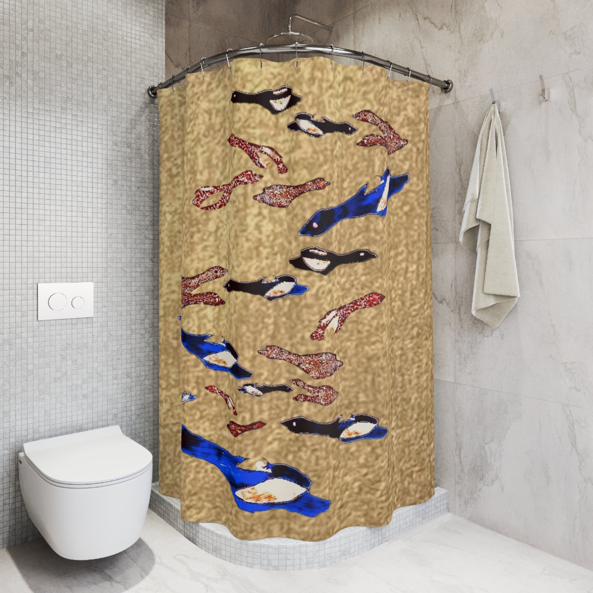 "Fly Me to the Moon" Gold Shower Curtain — Blue & Copper Nautical Bathroom Decor