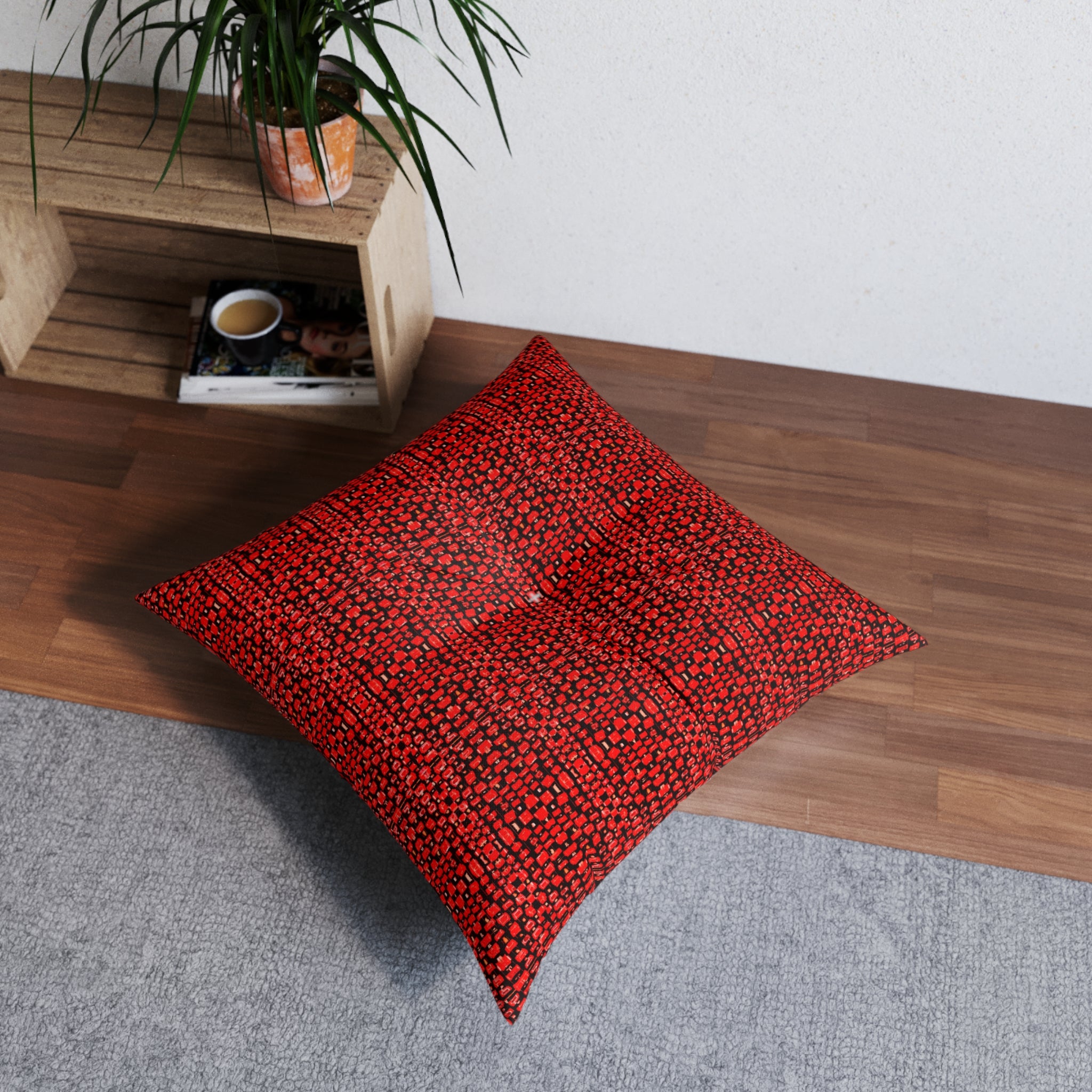 "Japanese Cherry Blossom" Red Woven Texture Square Floor Pillow — Cozy Bohemian Accent Cushion