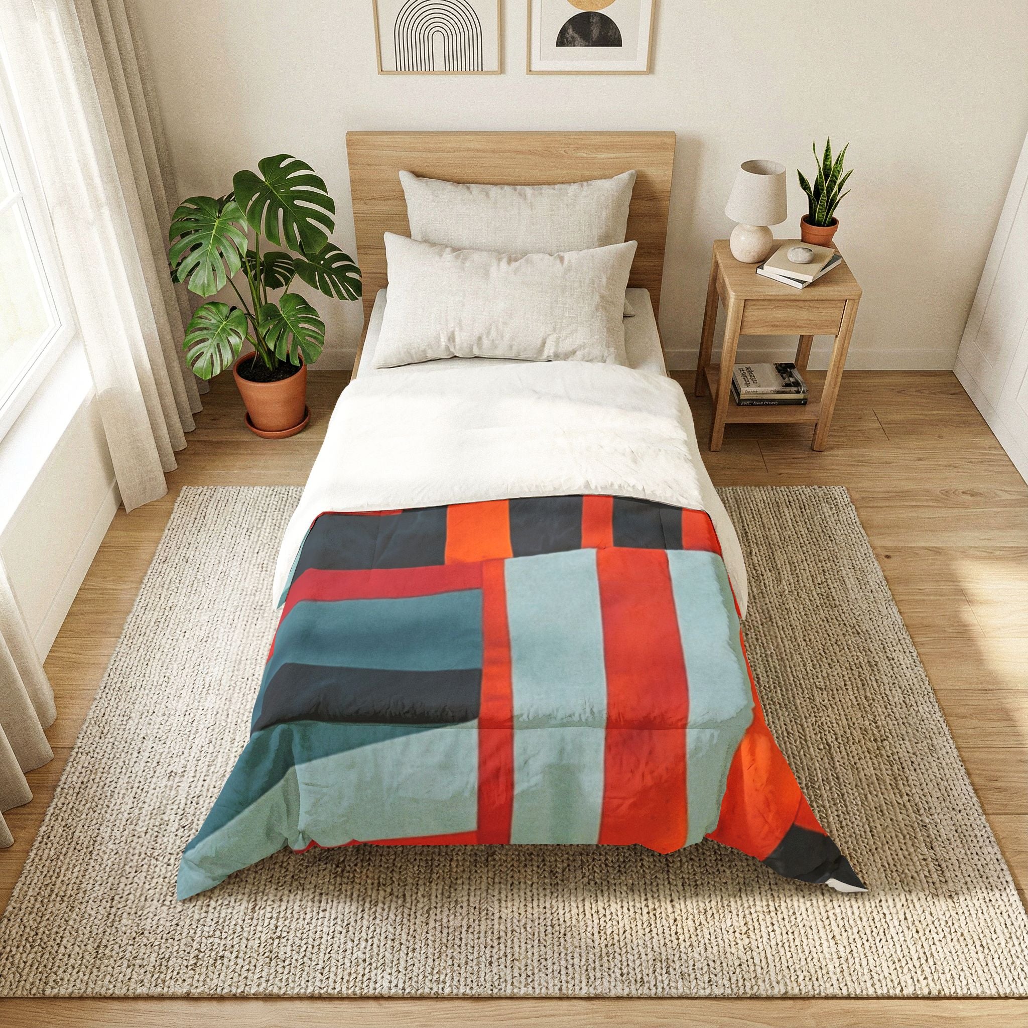 "Samuel" Abstract Geometric Cotton Comforter — Modern Red, Orange & Teal Bedspread
