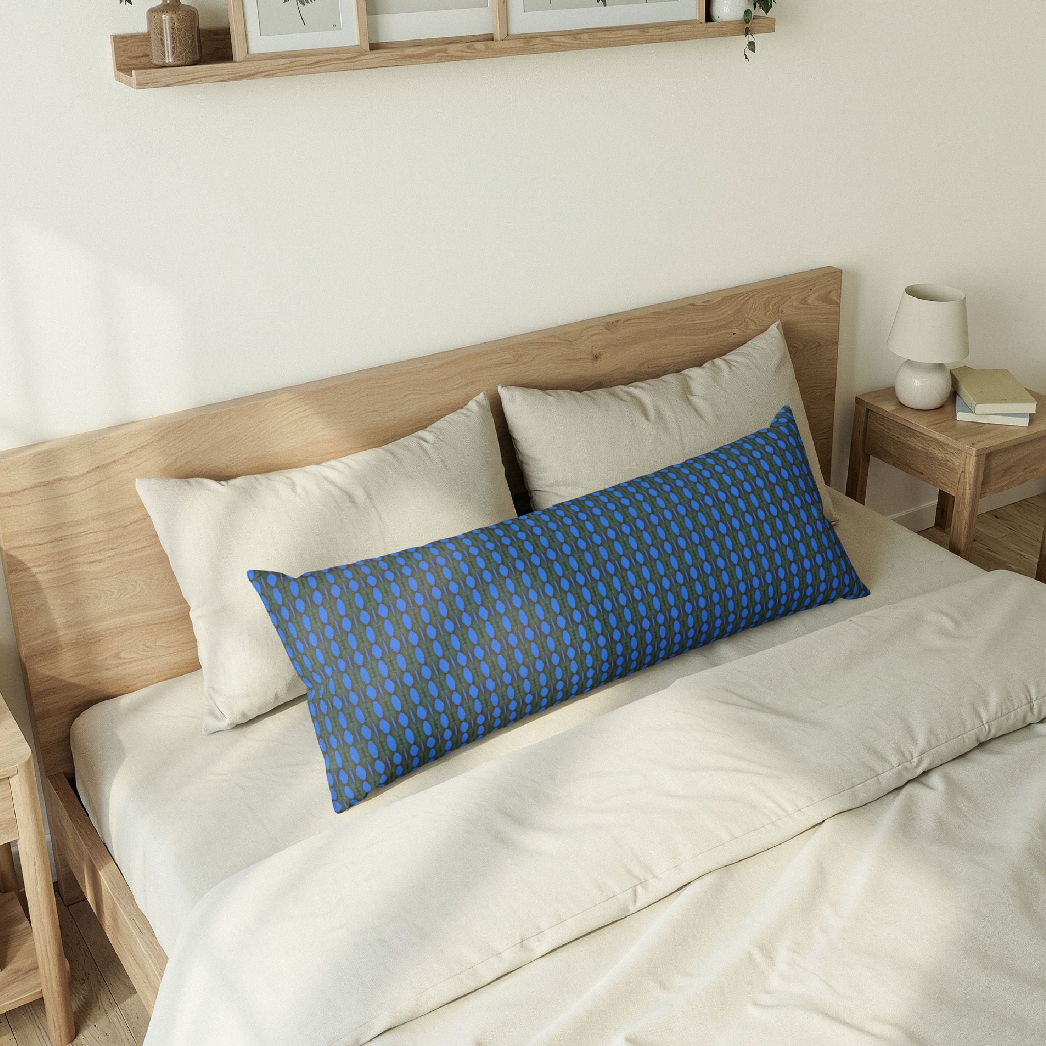 "Where Are We Going?" Blue Geometric Body Pillow — Long Lumbar Support Pillow with Subtle Dot Pattern
