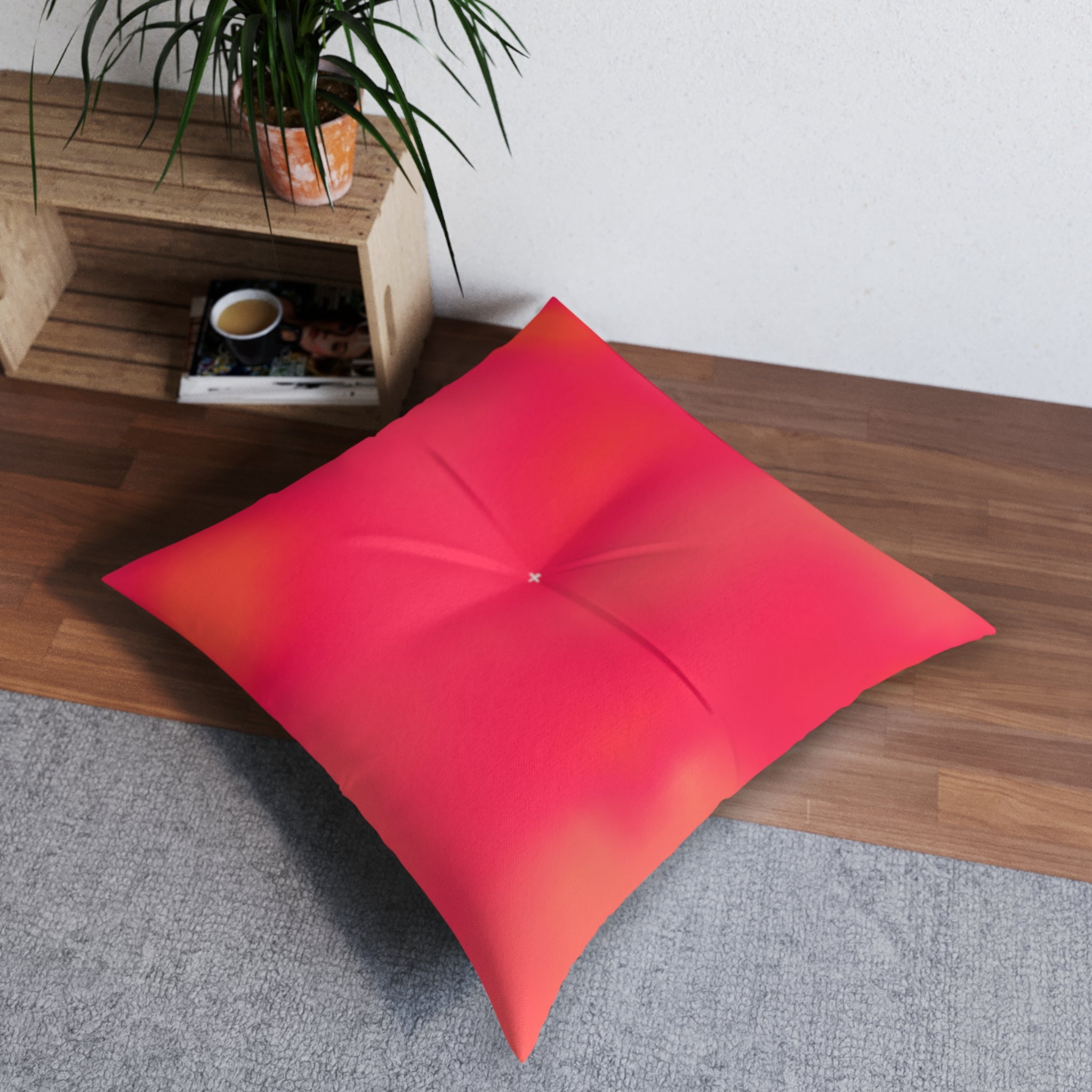 "The Skies Will Break For You, My Friend" Pink, Yellow, Watercolor Sherbet Tufted Floor Pillow — Gradient Coral Pink Square Cushion