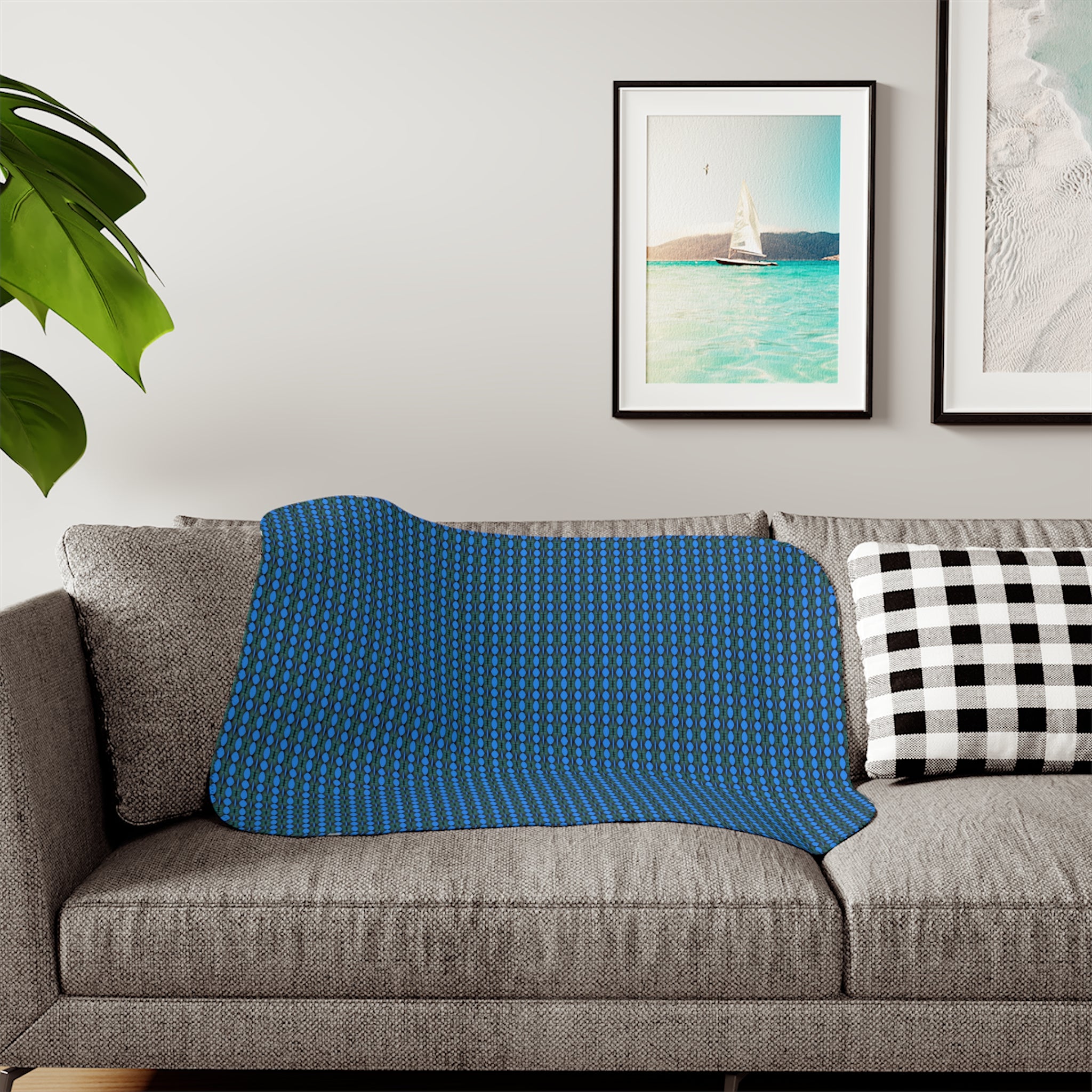 "Where Are We Going?" Cozy Reversible Sherpa Blanket — Blue Grid Print with Cream Plush Back