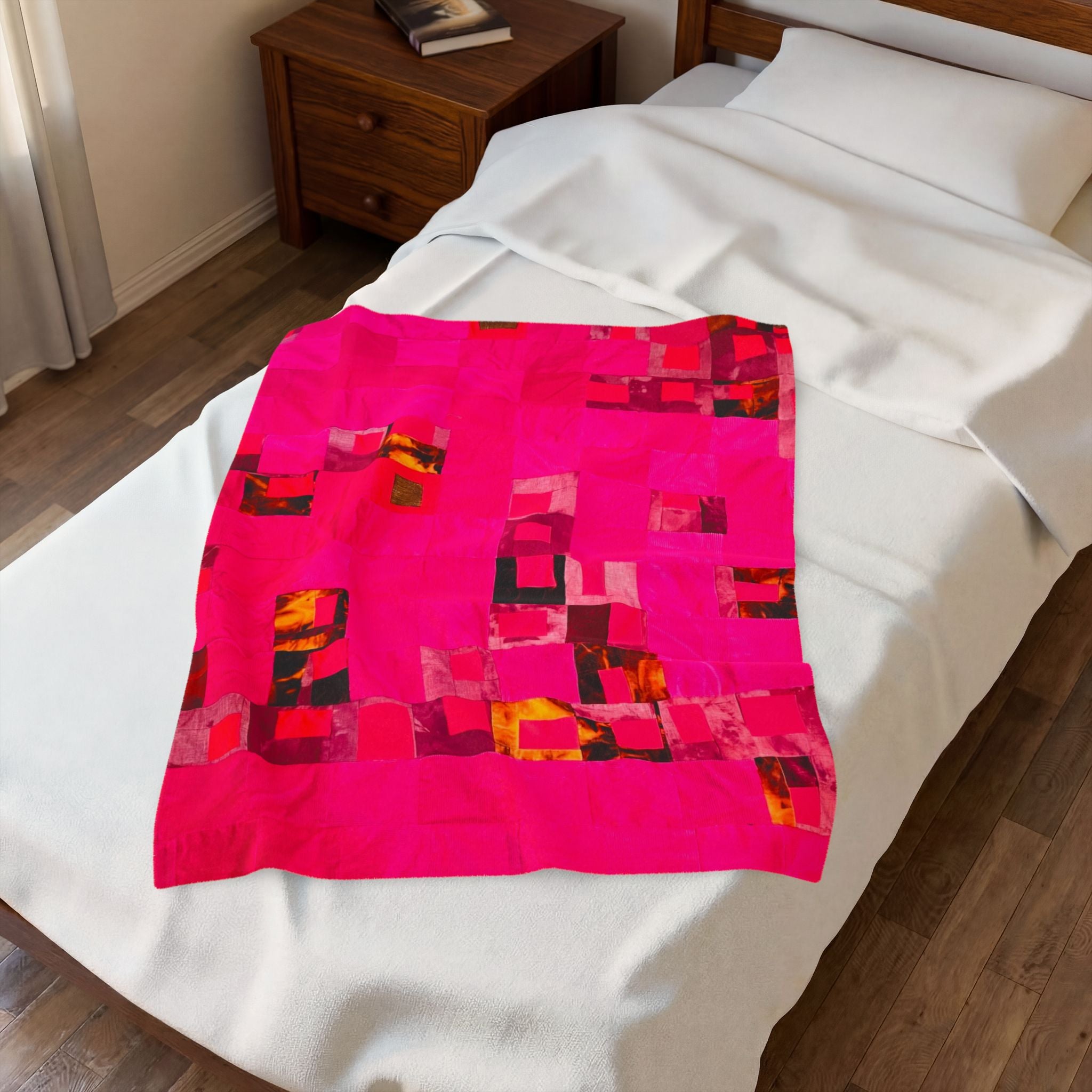 "Lela Lela" Block Quilt Pattern Plush Blanket - Vibrant Pink Abstract Patchwork Velveteen Throw