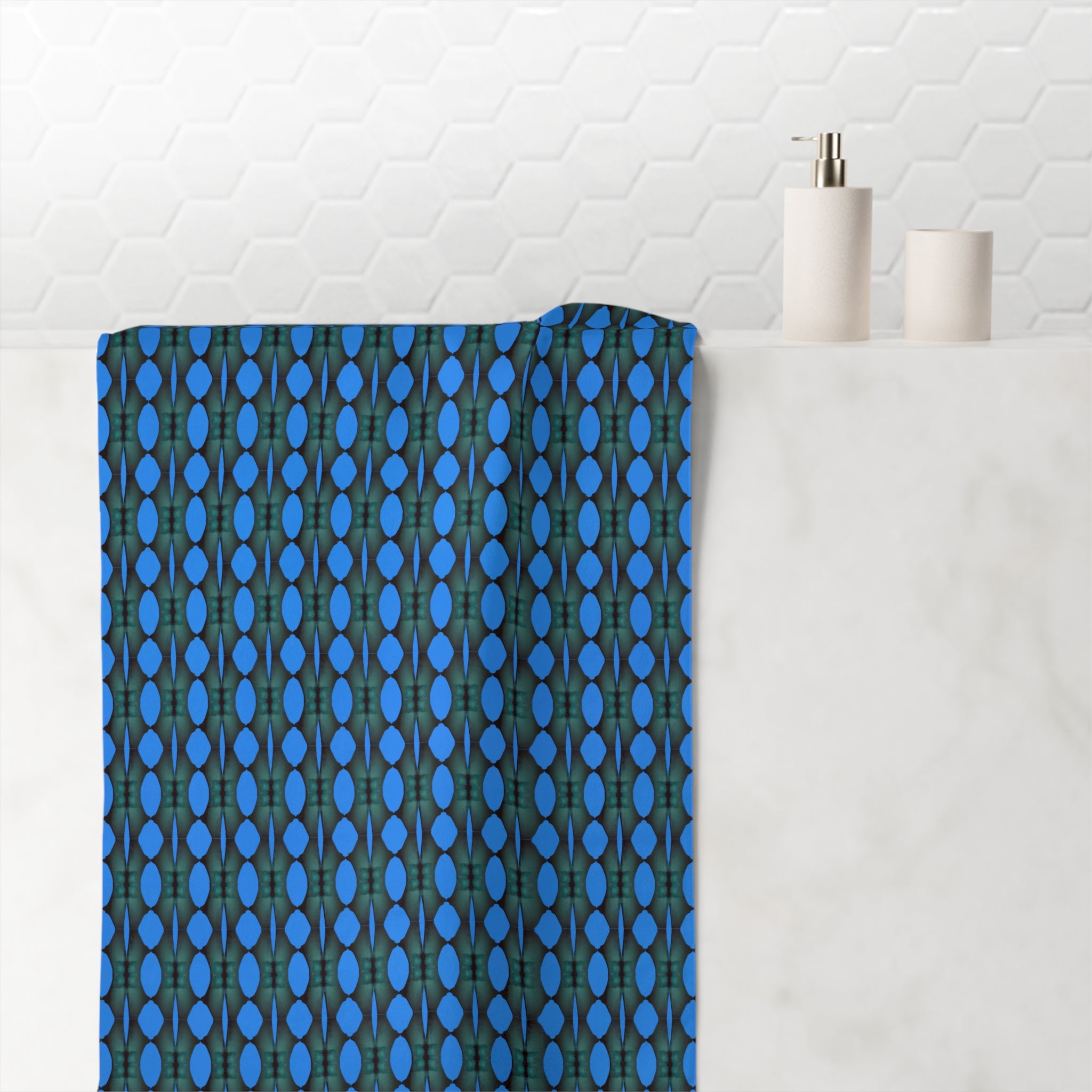 "Where Are We Going?" Blue Geometric Mink-Cotton Towel — Reversible Patterned Beach & Bath Towel