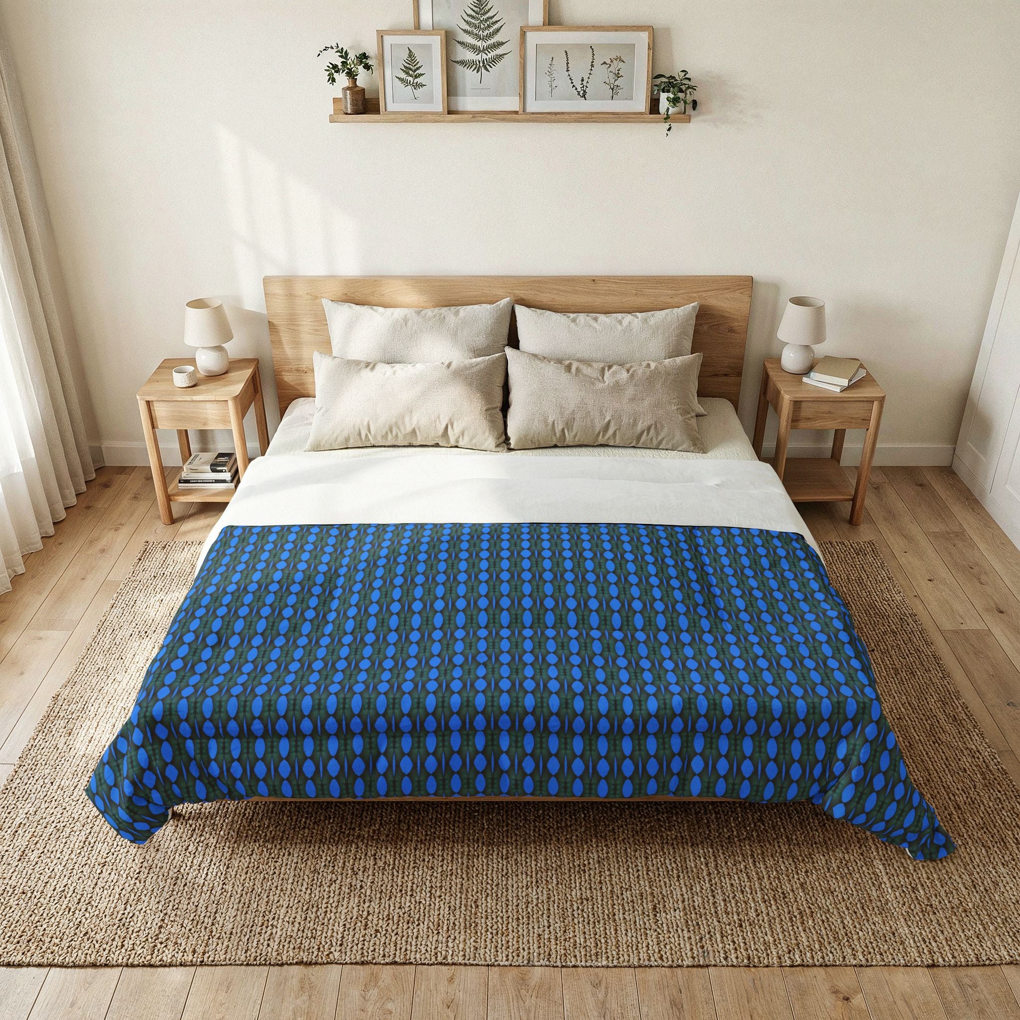 "Where Are We Going?" Blue Geometric Cotton Comforter – Modern Dot Pattern Bedspread
