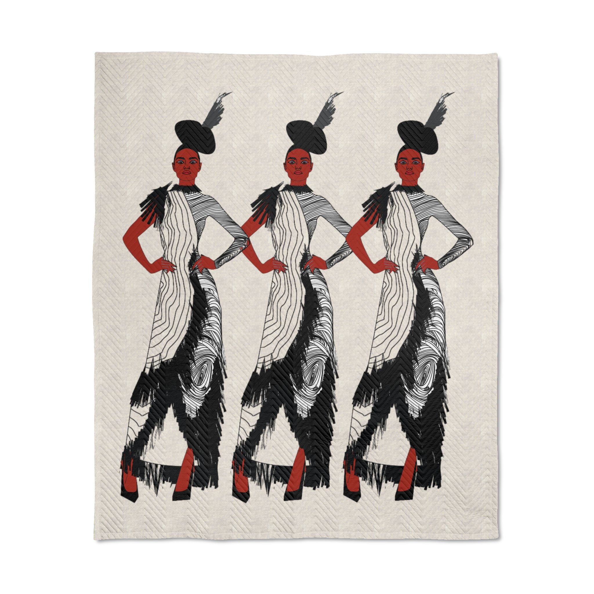 "Fierce Honey" Vintage Illustration, Black Women Black and White Textiles, Ladies Quilted Throw Blanket — Art Deco Flapper Dance Design