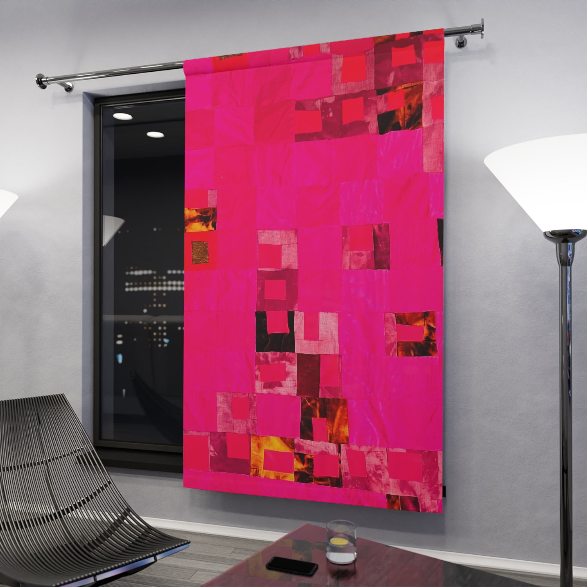 "Lela Lela" Pink Abstract Patchwork Curtain — Modern Window Panel