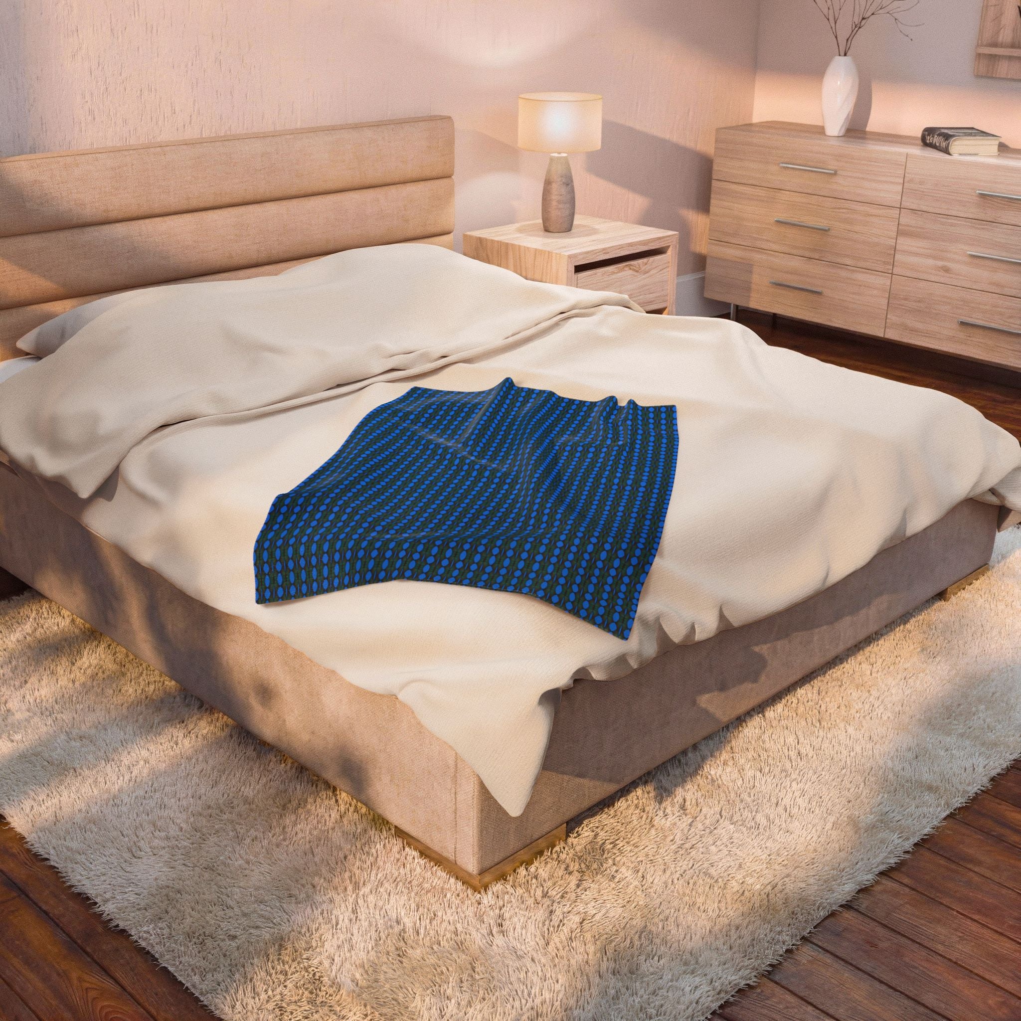 "Where Are We Going?" Blue Pixel Pattern Velveteen Plush Blanket — Soft Retro Geometric Throw
