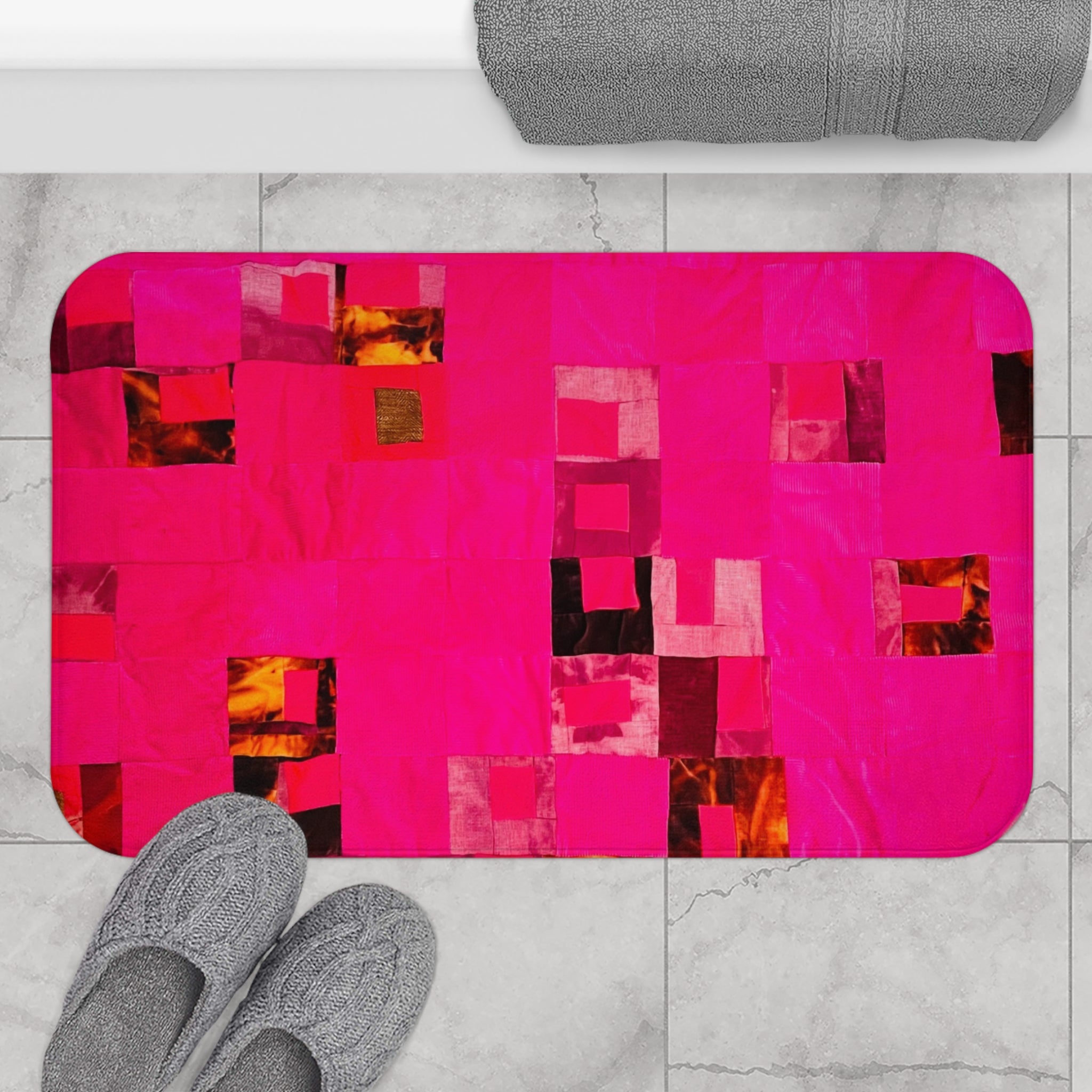 "Lela" Vibrant, Bright Pink Geometric Bath Mat