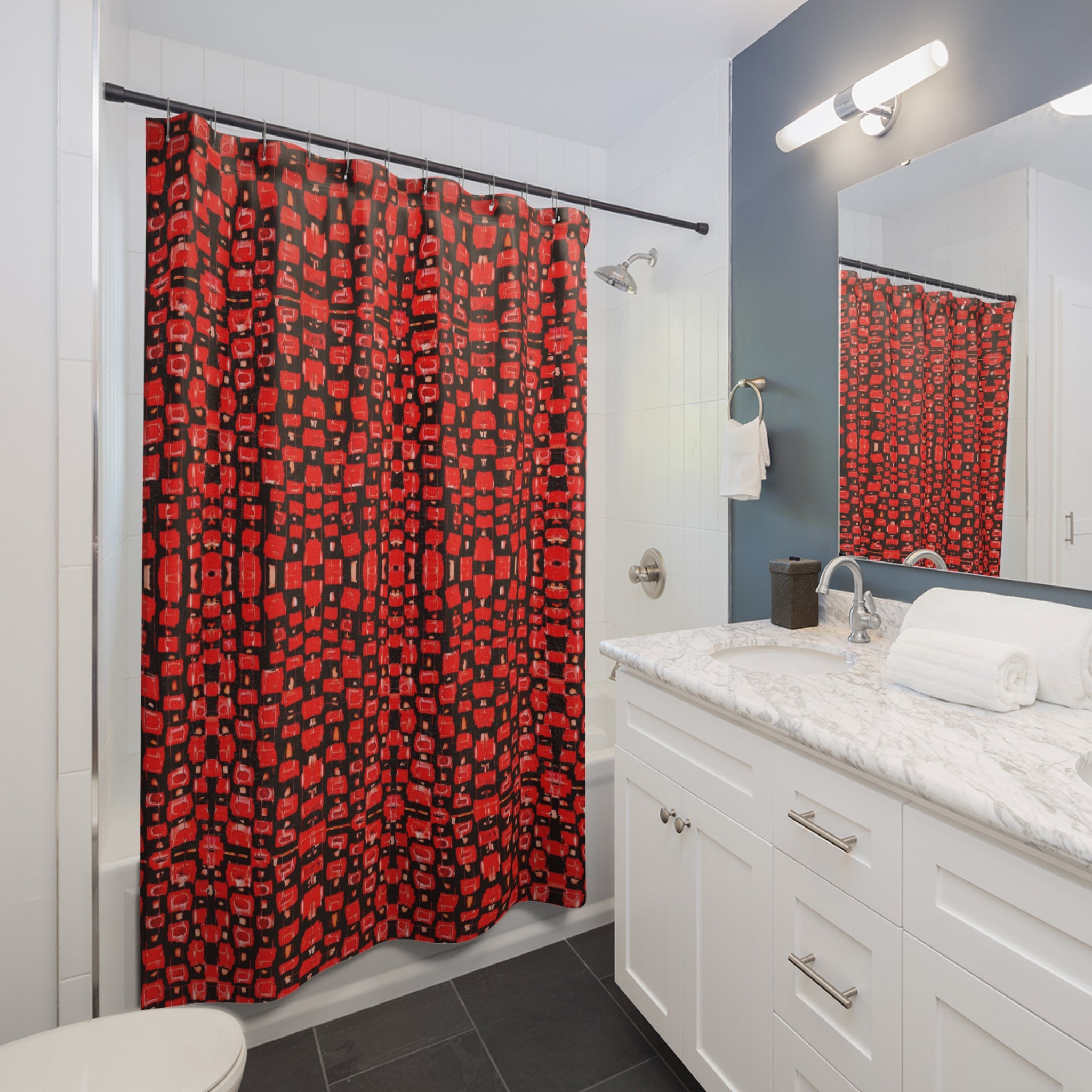 "Japanese Cherry Blossom" Red Geometric Pattern Shower Curtain – Bold Black & Red Bathroom Decor