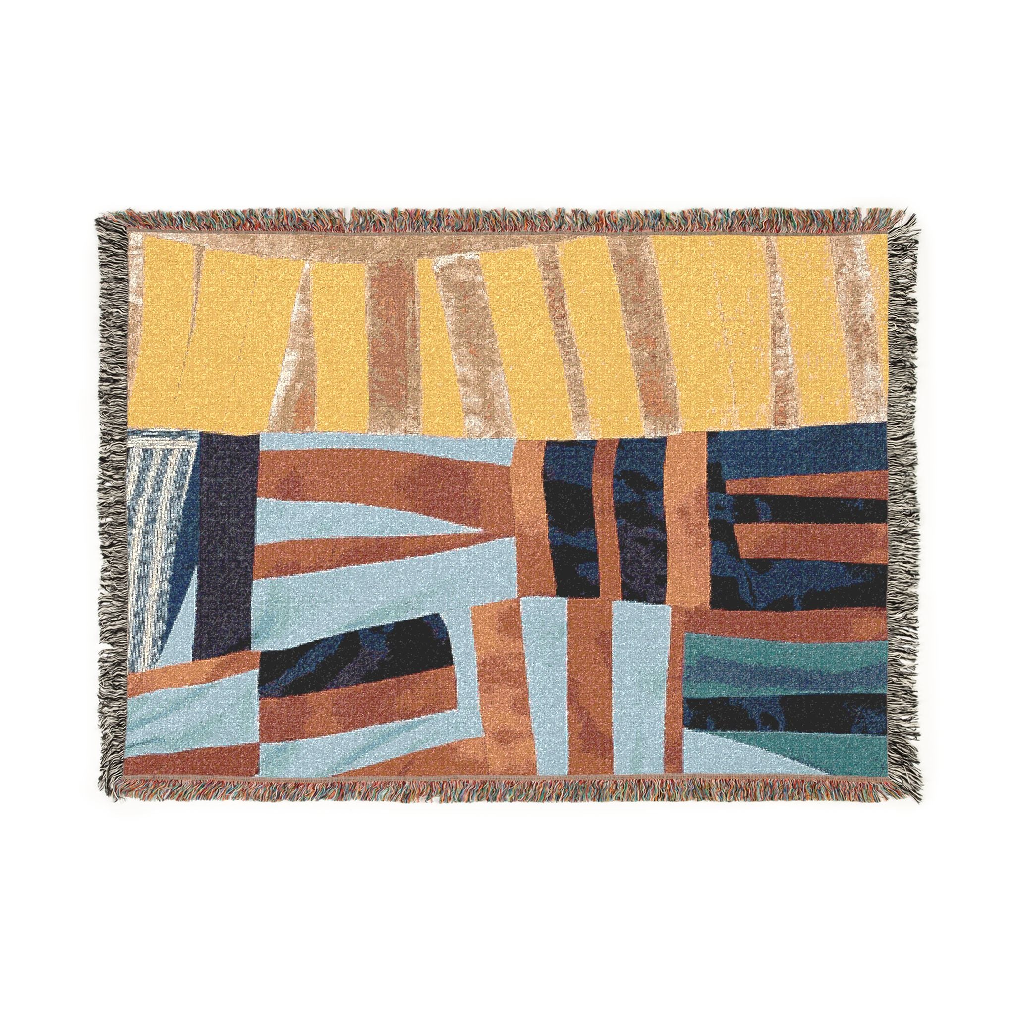 "Hannah and Samuel" Yellow, Blue, Orange, Red Orange, Velvet Quilt Block Abstract Geometric Woven Blanket — Modern Patchwork Throw