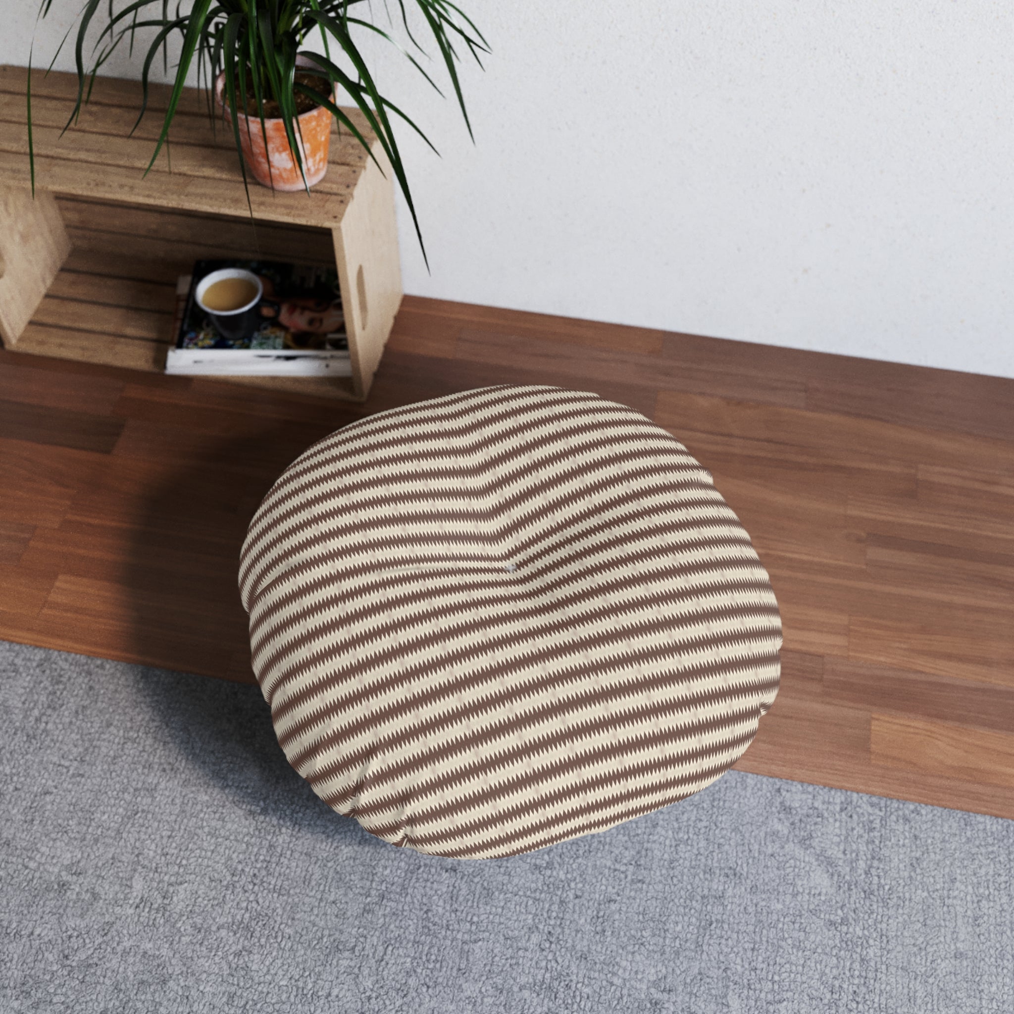 "Mississippi Morning" Burnt Umber and Beige Striped Round Tufted Floor Pillow — Neutral Boho Cushion for Living Room, Nursery & Meditation