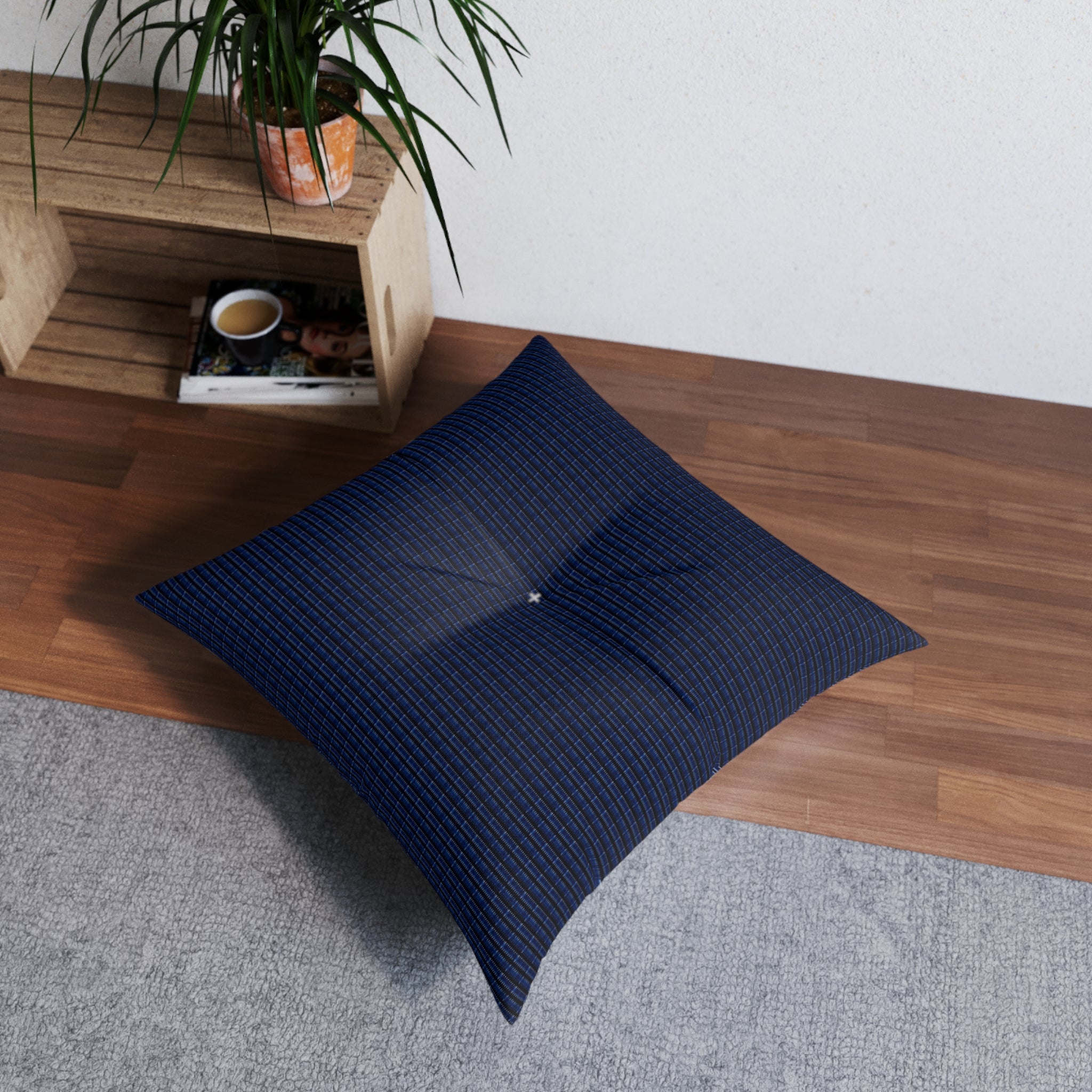 "Mississippi Midnight: Lovely Banjo Blues" Black and Navy Plaid Tufted Floor Pillow — Cozy Square Accent Cushion