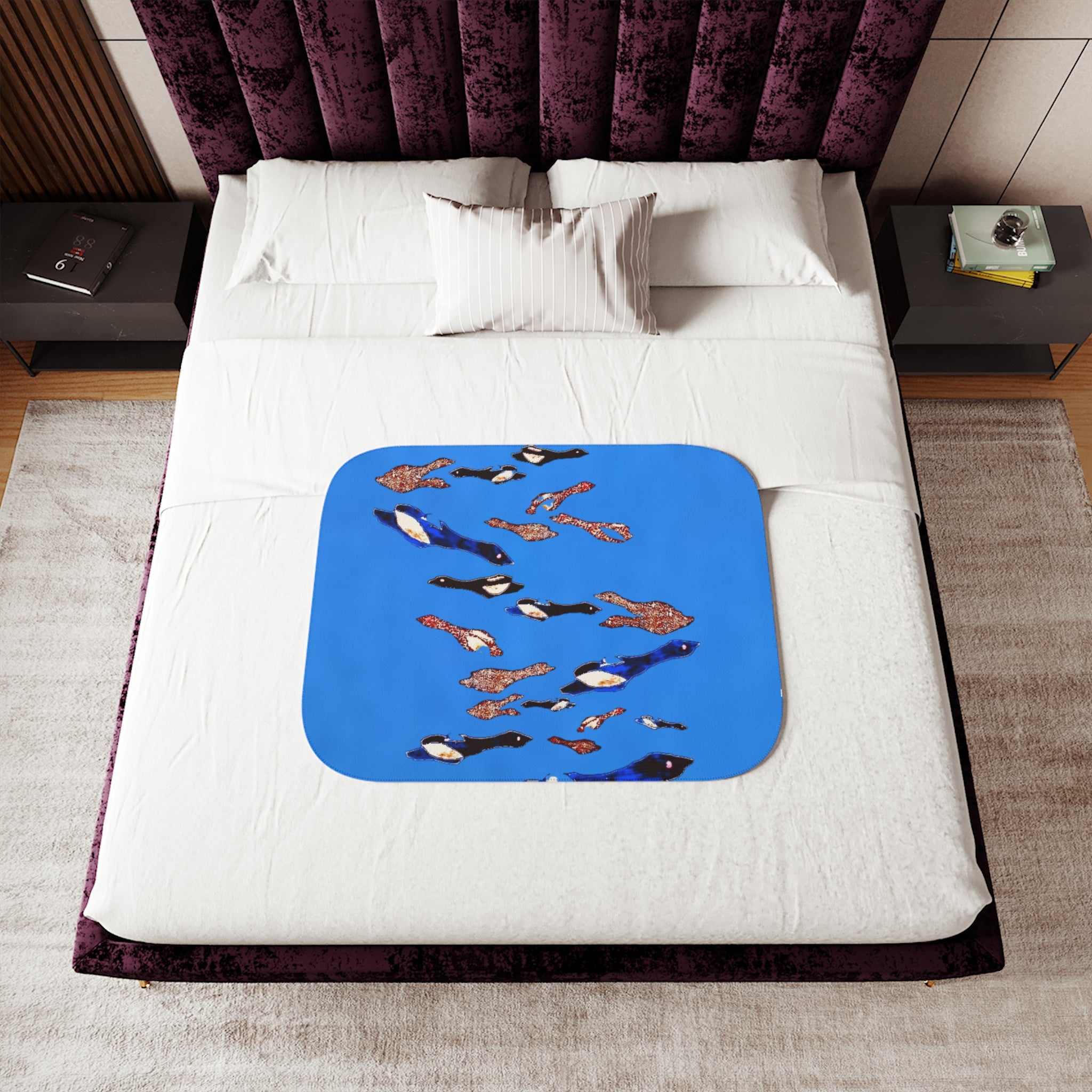 "Fly Me to the Moon" Birdies Parade Sherpa Blanket — Cozy Blue Animal Print Throw