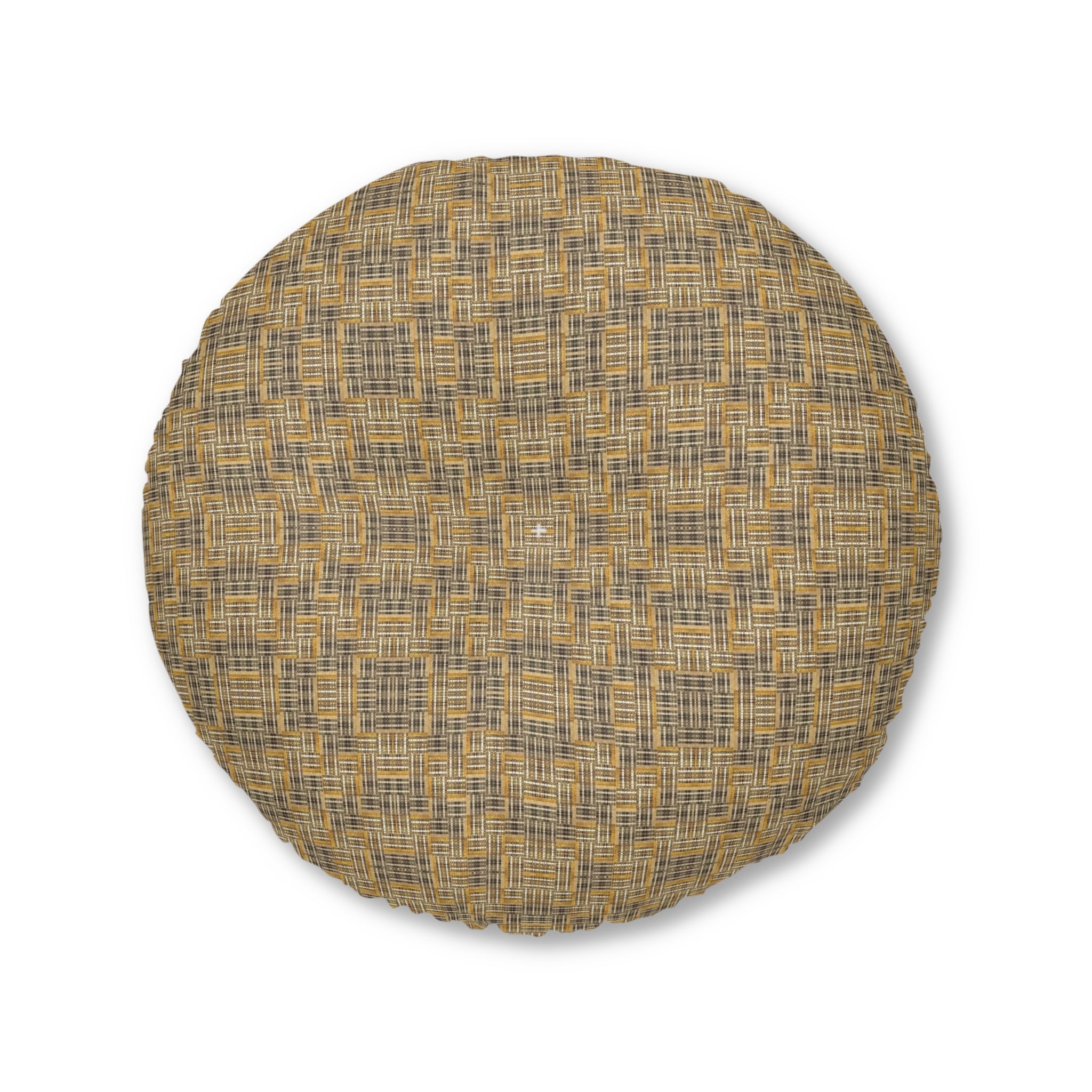 “All Things Fall Apart” Round Tufted Floor Pillow Rustic Plaid Yellow & Brown Boho Cushion
