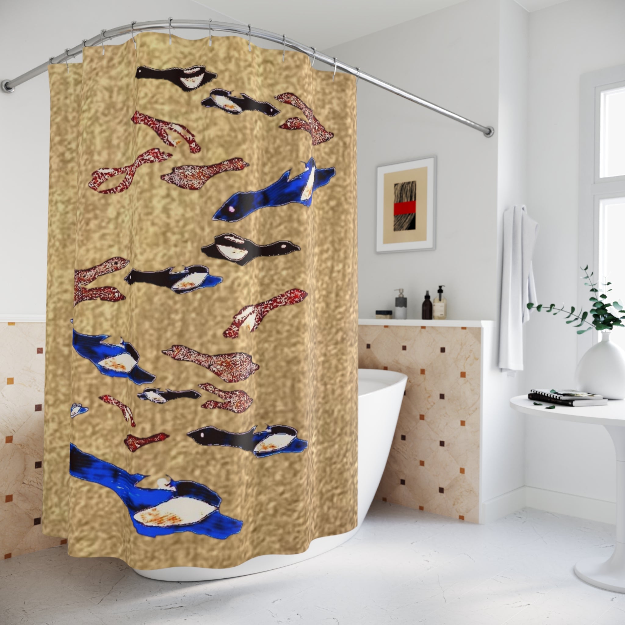 "Fly Me to the Moon" Gold Shower Curtain — Blue & Copper Nautical Bathroom Decor