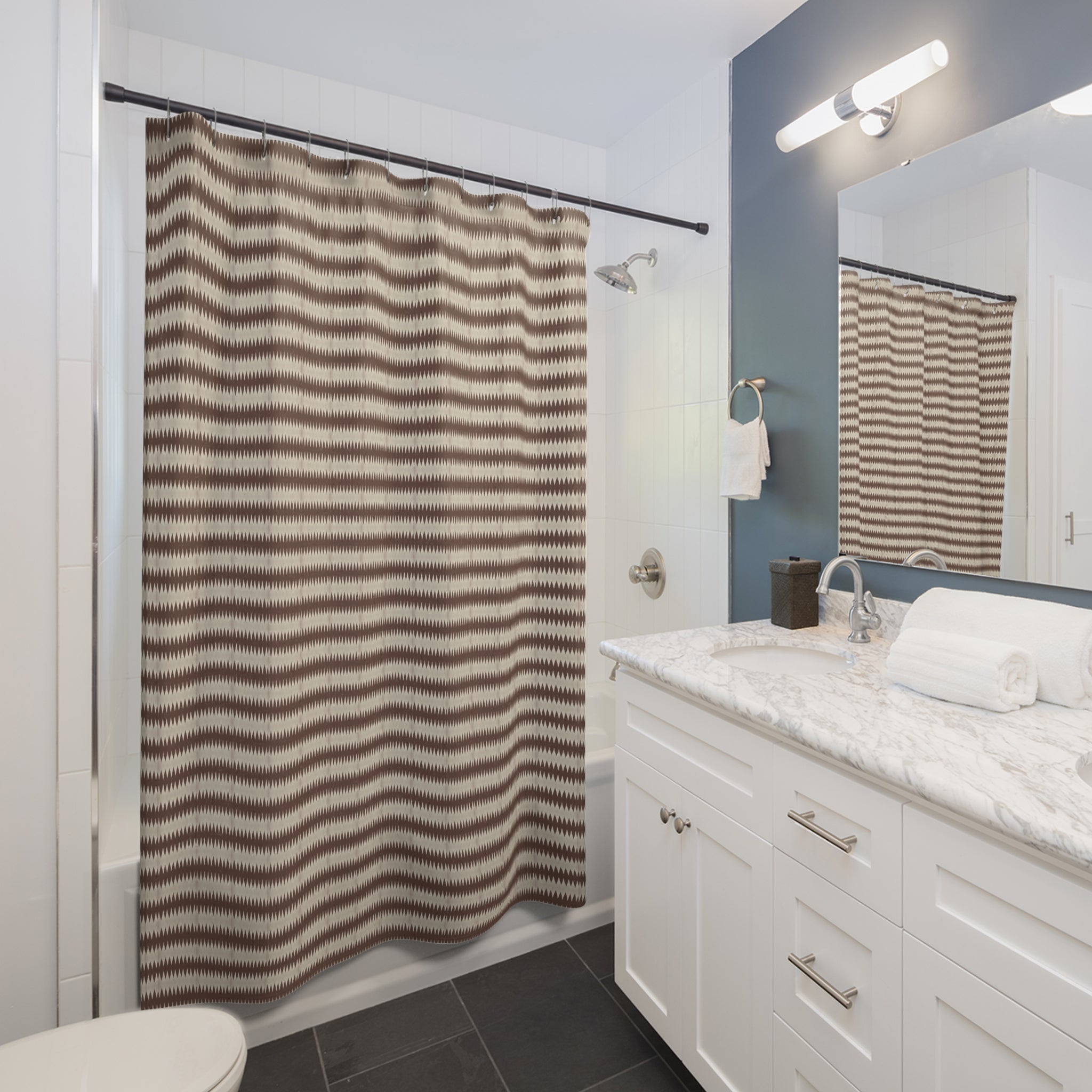 "Mississippi Morning" Boho Brown Ikat Stripe Shower Curtain – Neutral Tribal Bathroom Decor