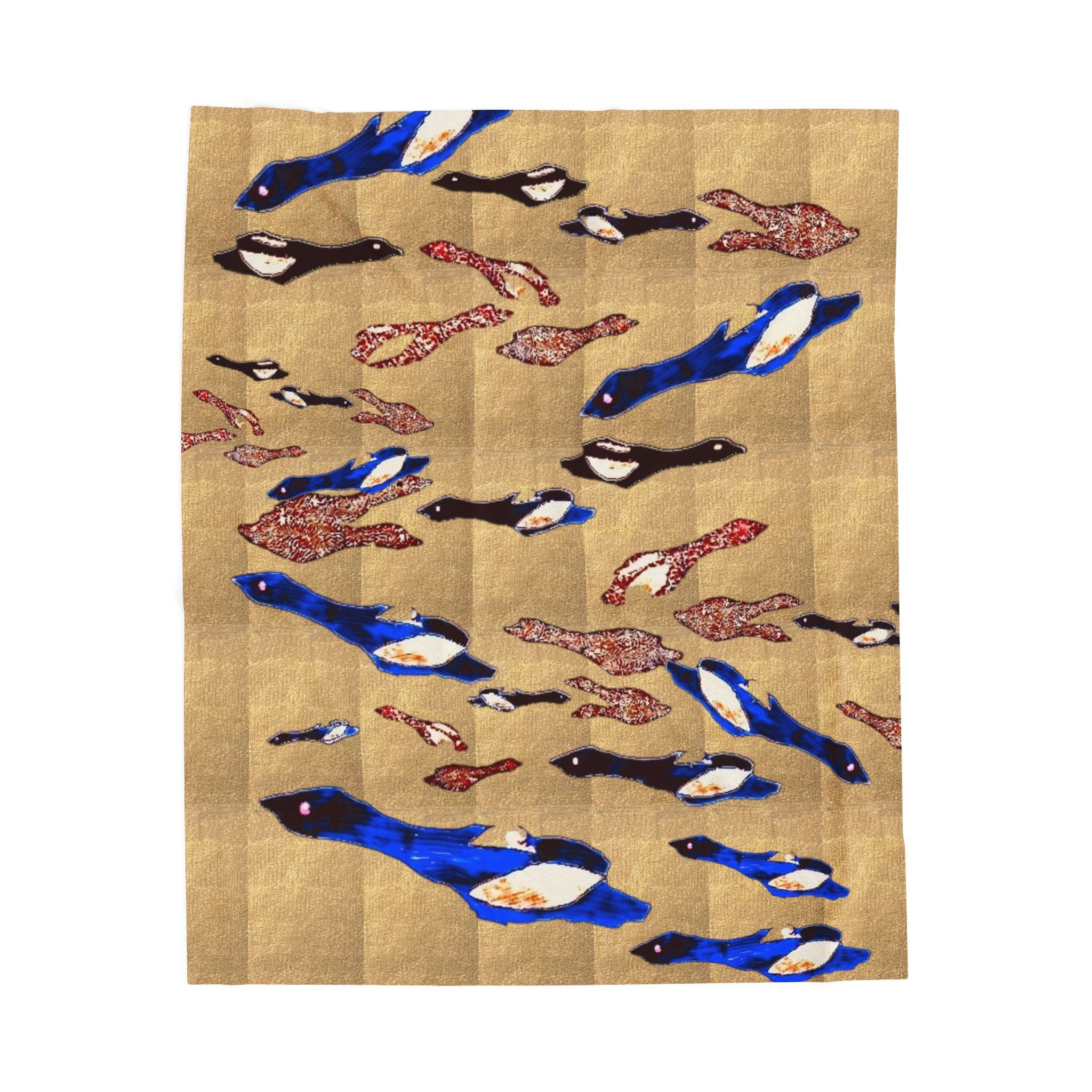 "Fly Me to the Moon" Velveteen Plush Blanket – Blue & Gold Fish School Design, Cozy Nautical Throw