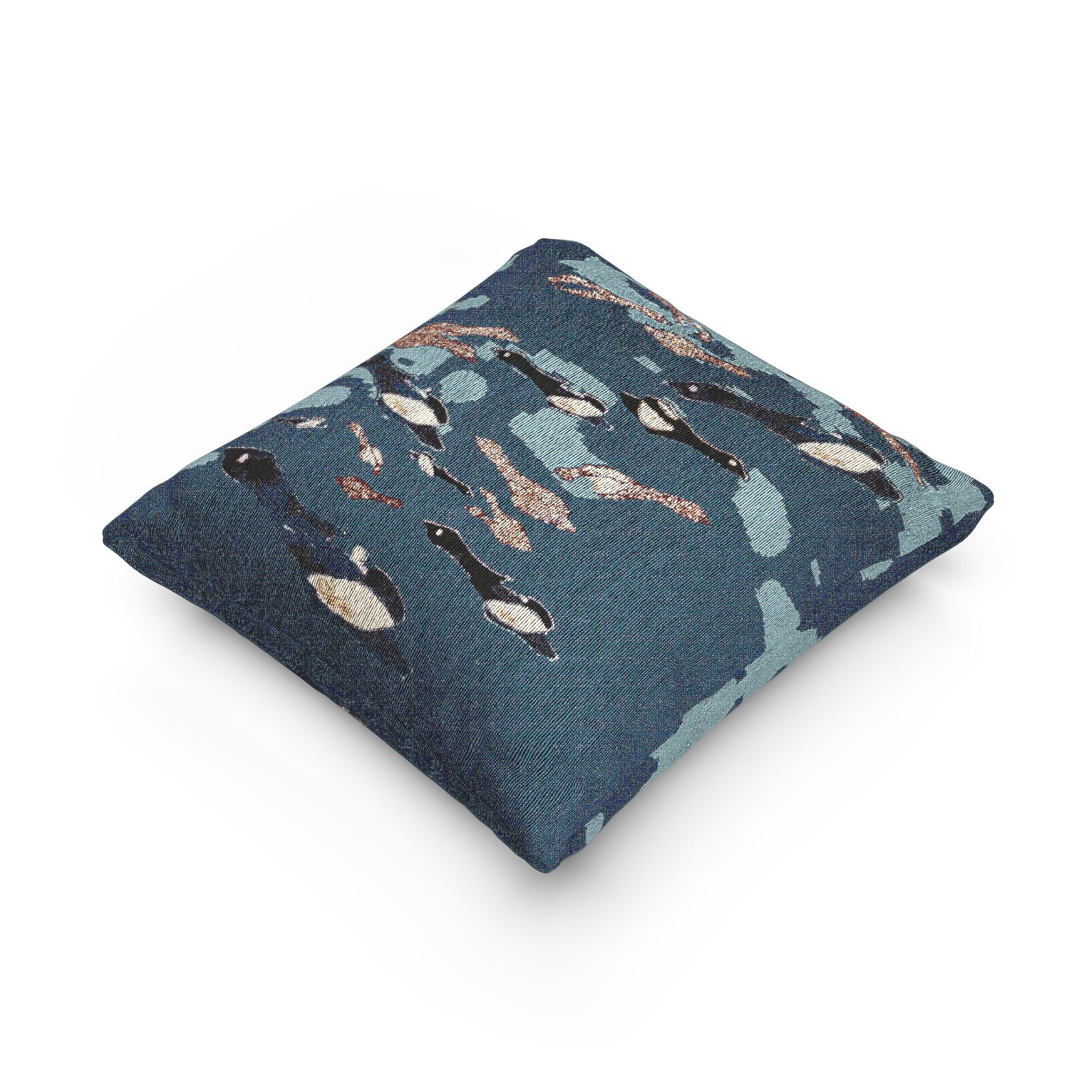 "Fly Me to the Moon" Woven Pillow — Abstract Bird Textile Decorative Pillow (Blue Textured Tapestry)