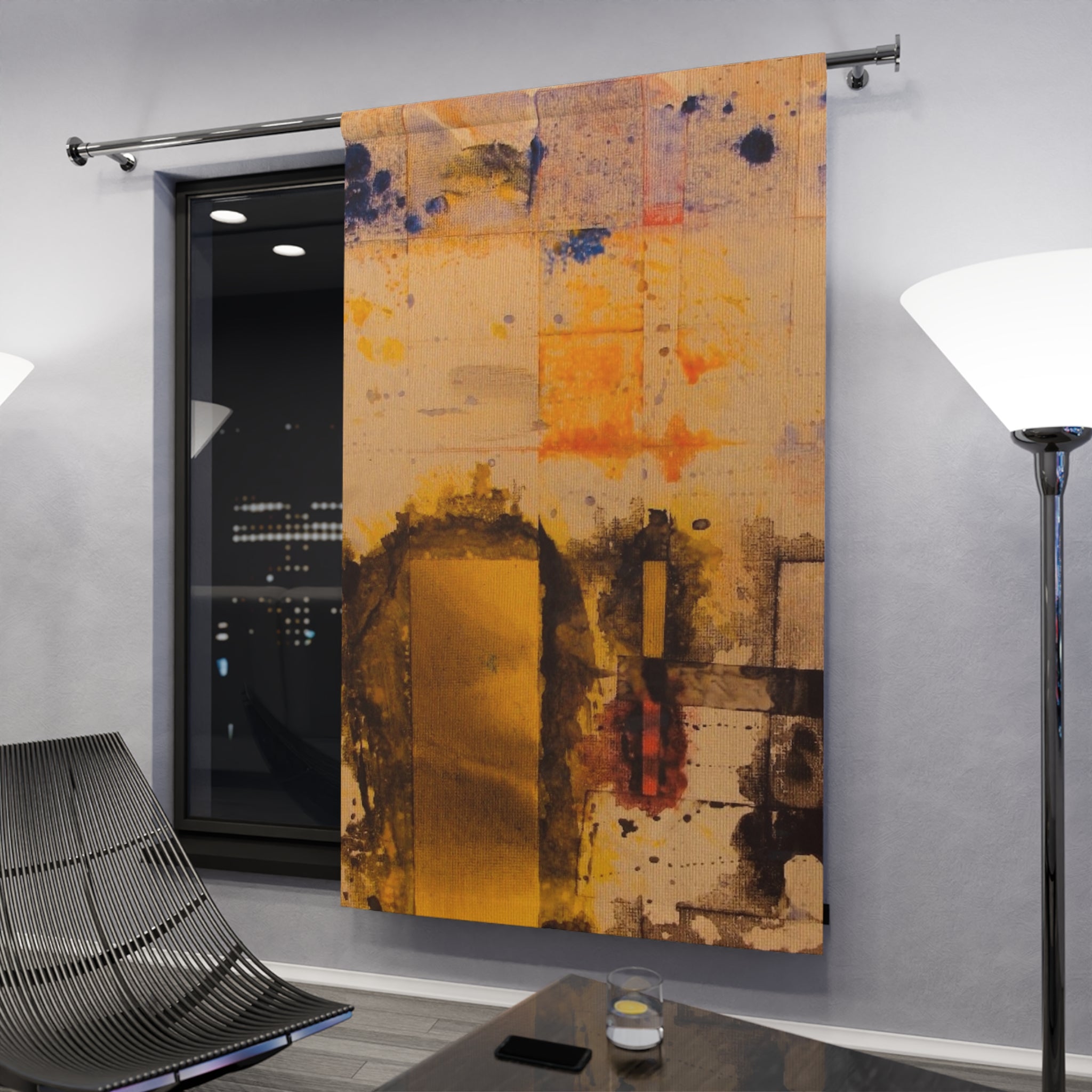 "Dance in the Rain" Abstract Gold & Ochre Window Curtain — Modern Art Panel Drapery