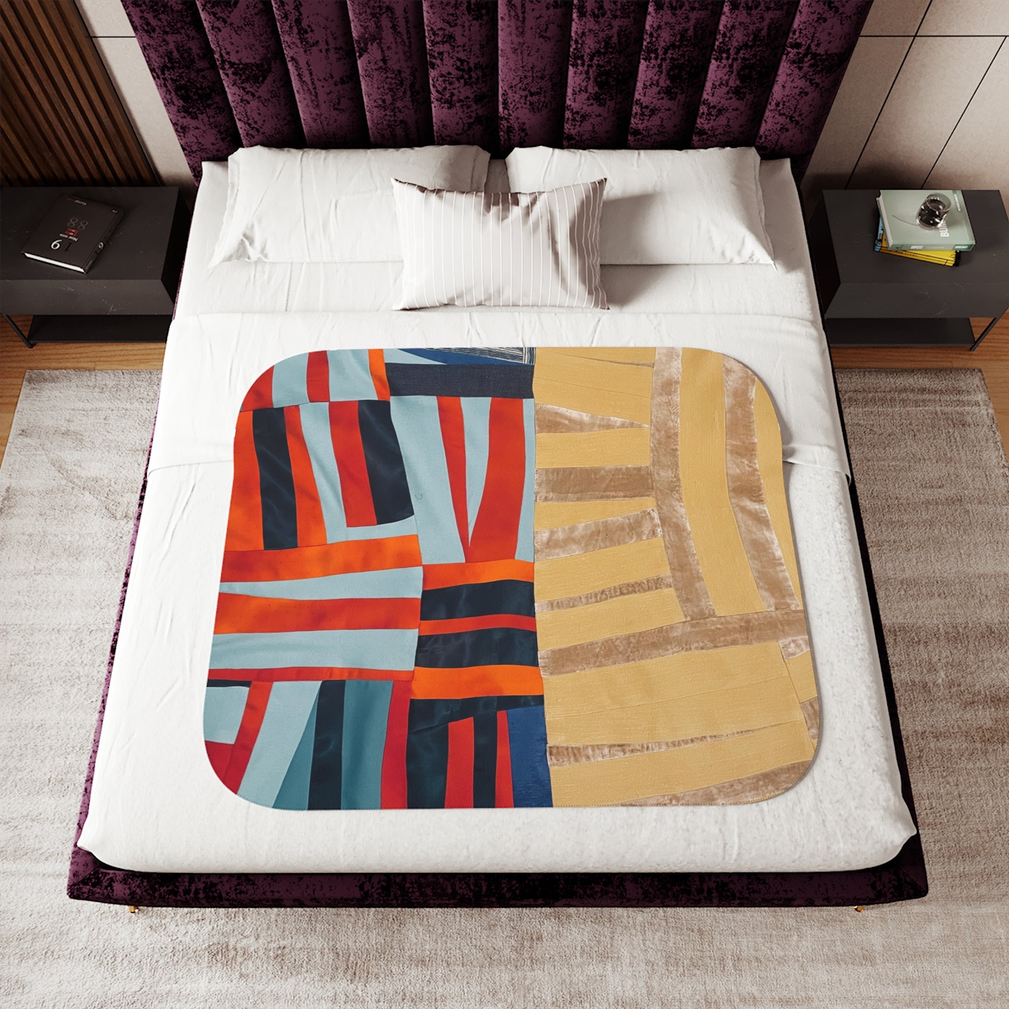 "Hannah and Samuel" Abstract Patchwork Sherpa Blanket - Summer Yellow, Crushed Velvet, Blue, Red Orange— Cozy Reversible Throw with Geometric Color Blocks