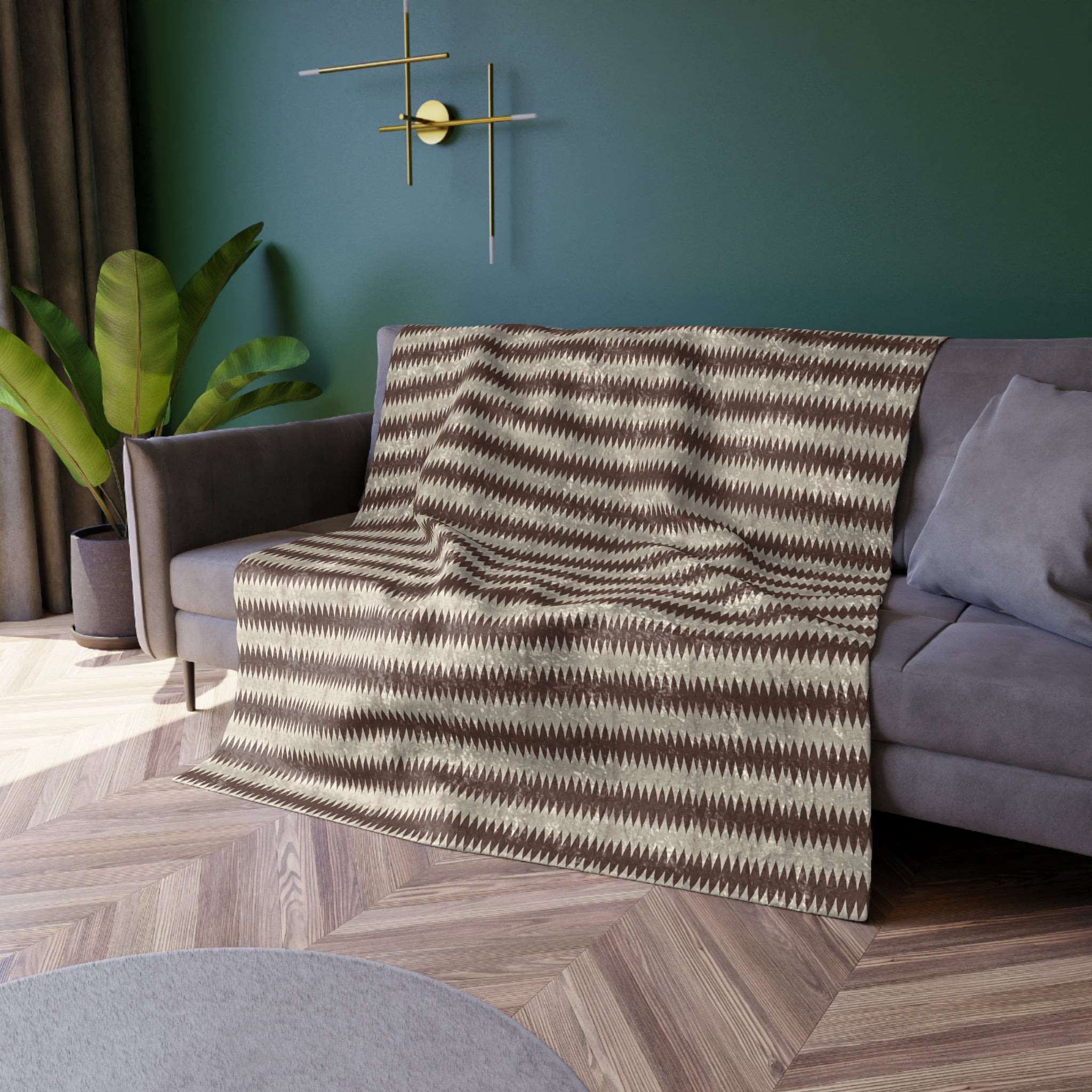 “Mississippi Morning” Beige and Brown Zig-Zag Crushed Velvet Blanket — Luxe Brown and Light Brown Geometric Throw