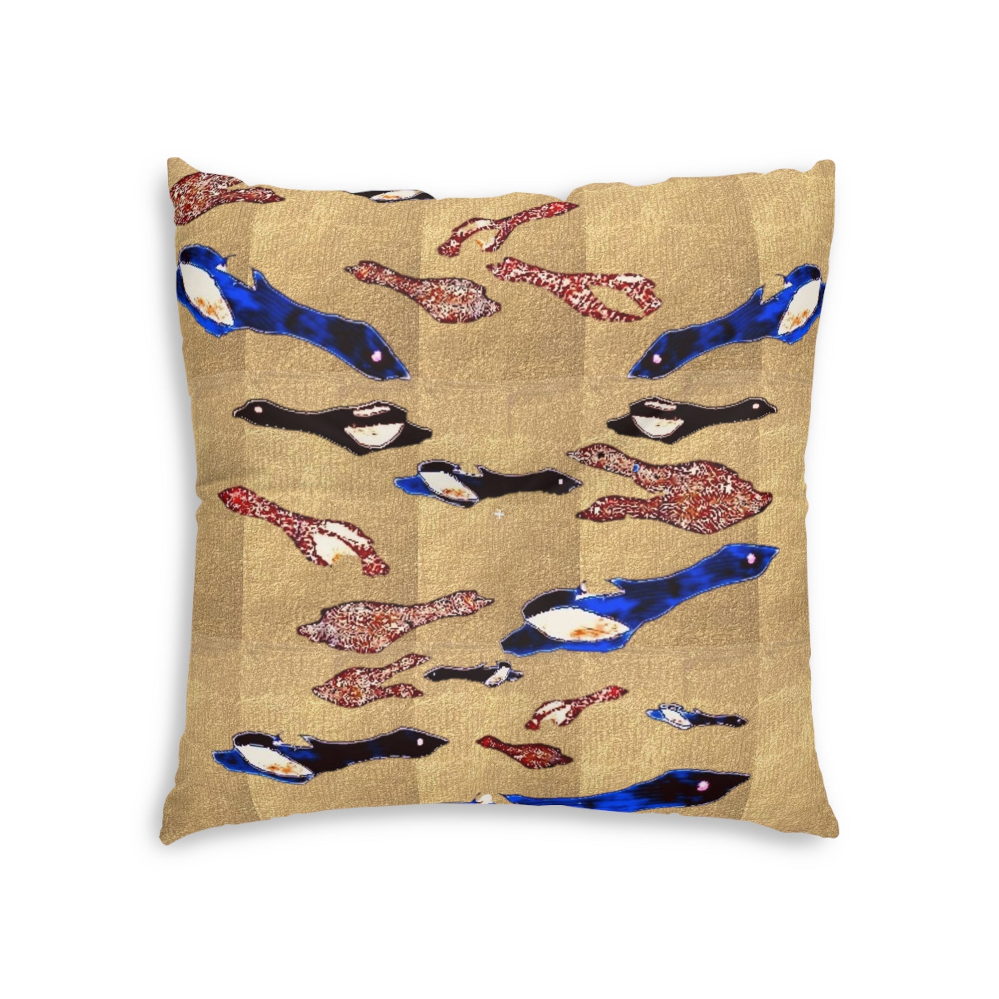 "Fly Me to the Moon" Bronze and Gold, Floor Pillow — Blue & Black Flying Birdies Pattern Tufted Square Cushion