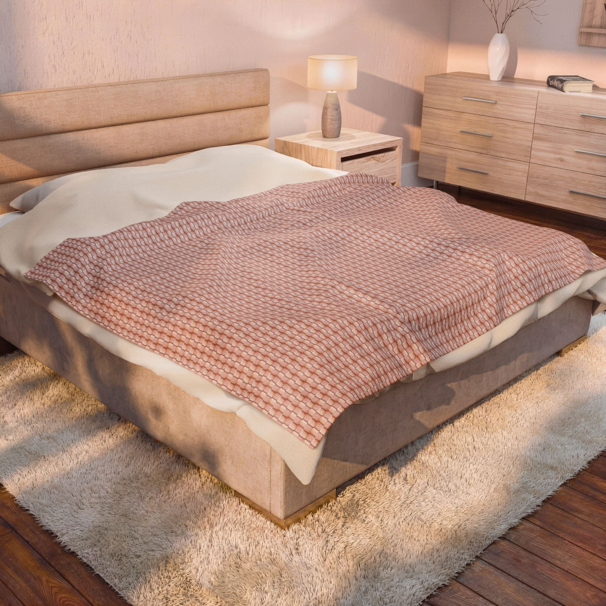 "Grandma Rose" Pink Blush Waffle Checkered Velveteen Plush Blanket — Soft Cozy Throw for a Posh Home & Nursery