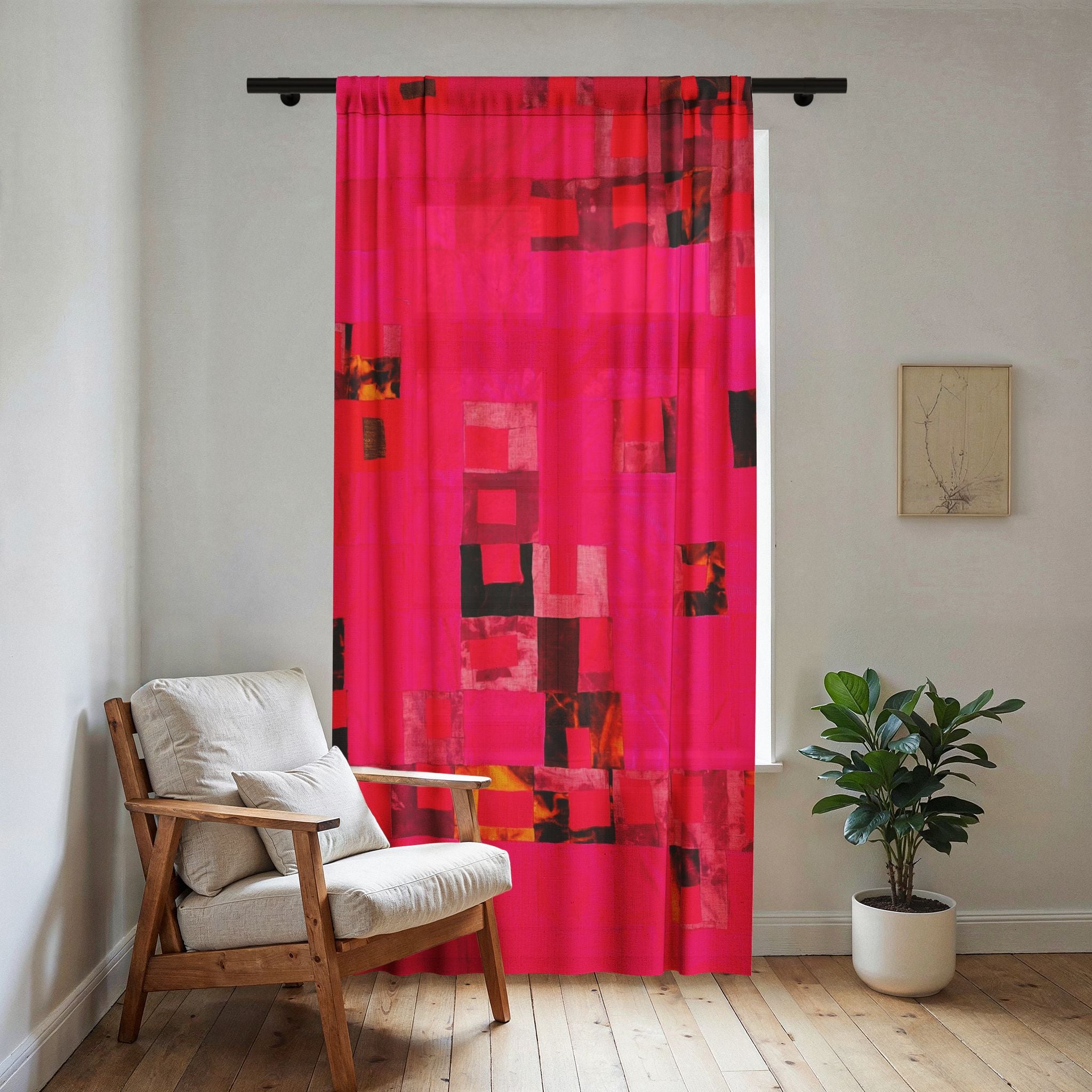 "Lela Lela" Sheer Window Curtain — Hot Pink Abstract Geometric Sheer Panel