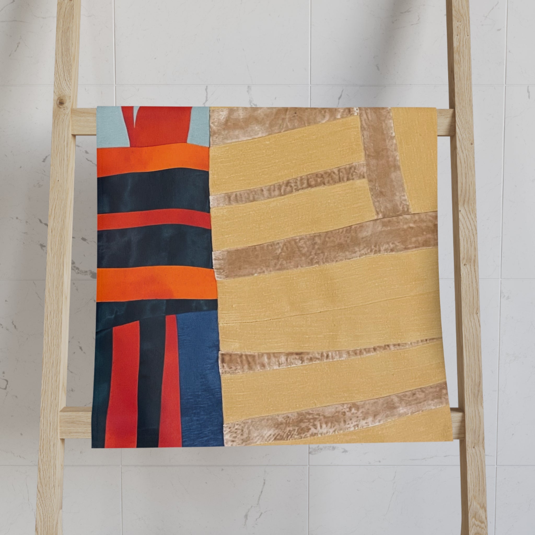 "Hannah and Samuel" Hand Towel — Abstract Geo Patchwork Design, Warm Gold & Navy Decorative Kitchen Towel