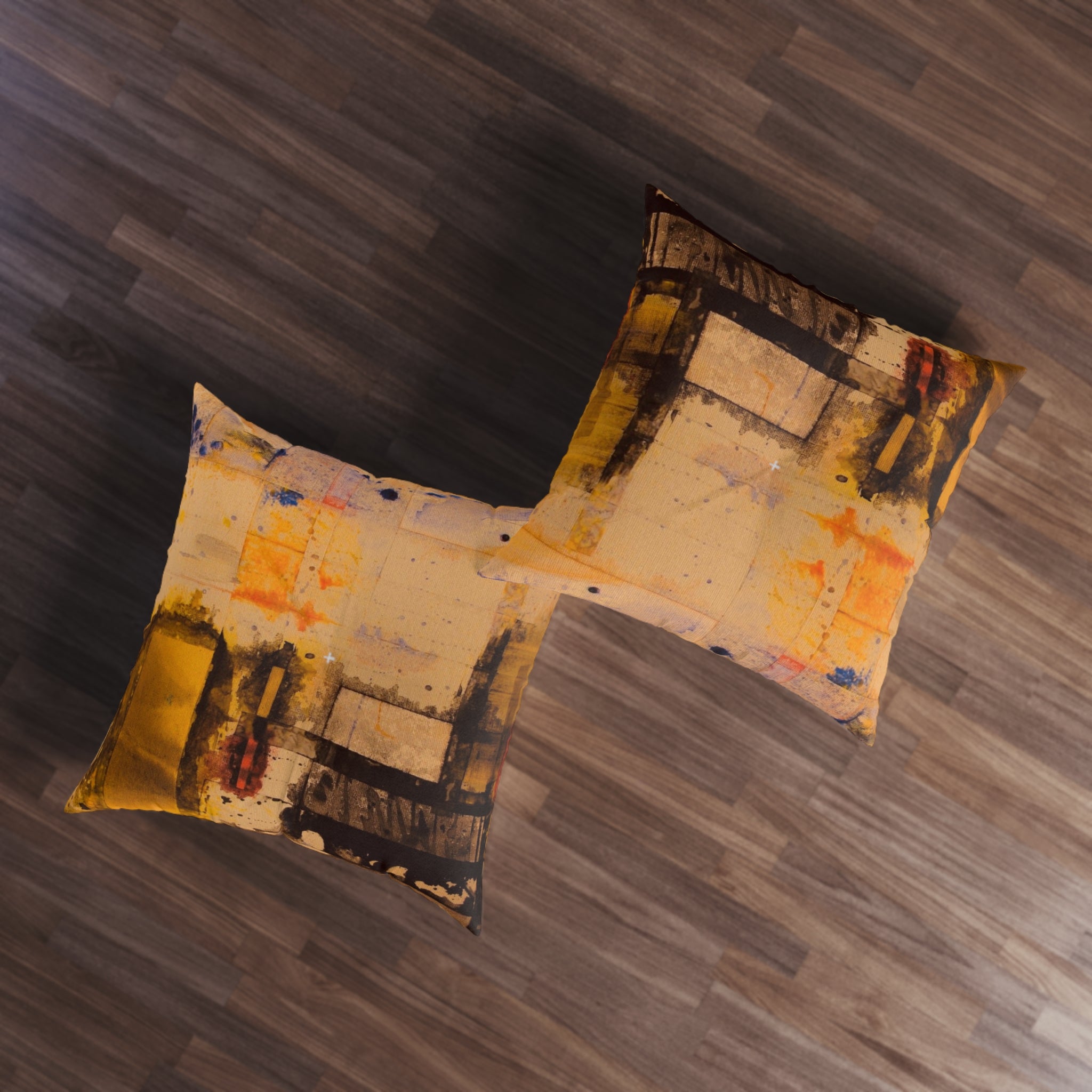 "Dance in the Rain" Abstract Golden Grid Tufted Floor Pillow — Modern Art Square Cushion