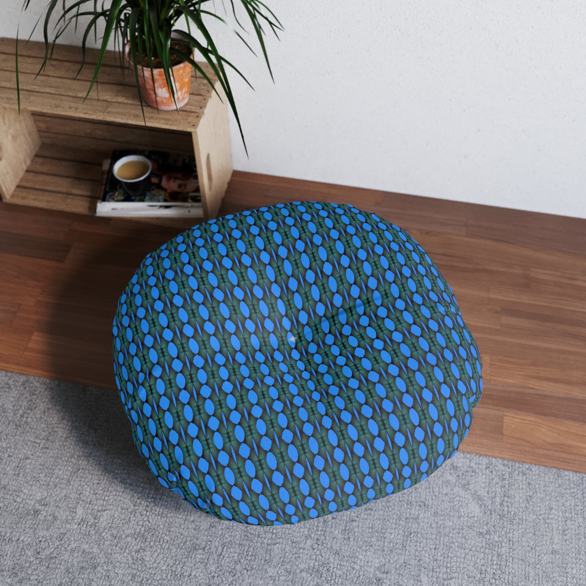 "Where Are We Going?" Round Tufted Floor Pillow — Blue Retro Dot Pattern, Cozy Boho Seating Cushion
