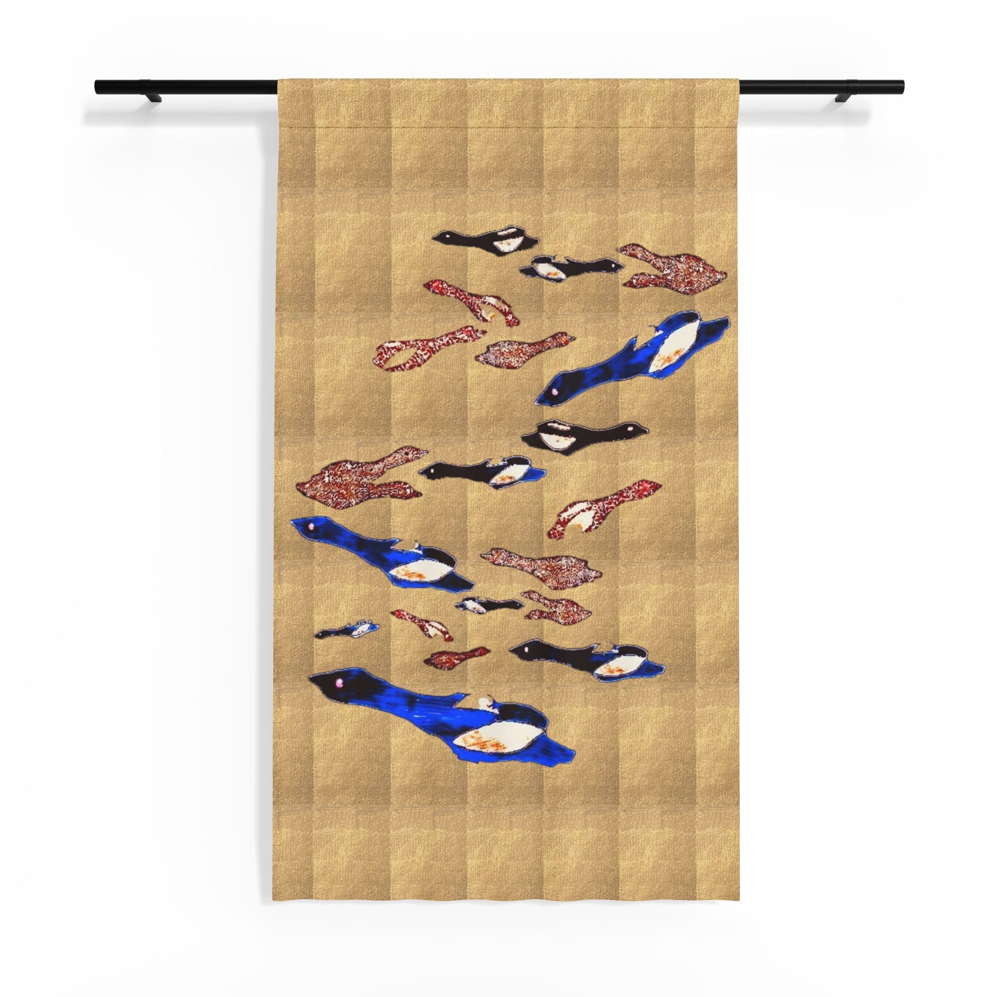 "Fly Me to the Moon" Sheer Gold and Bonze Curtain with Blue & Patterned — Lightweight Bird Print Window Panel