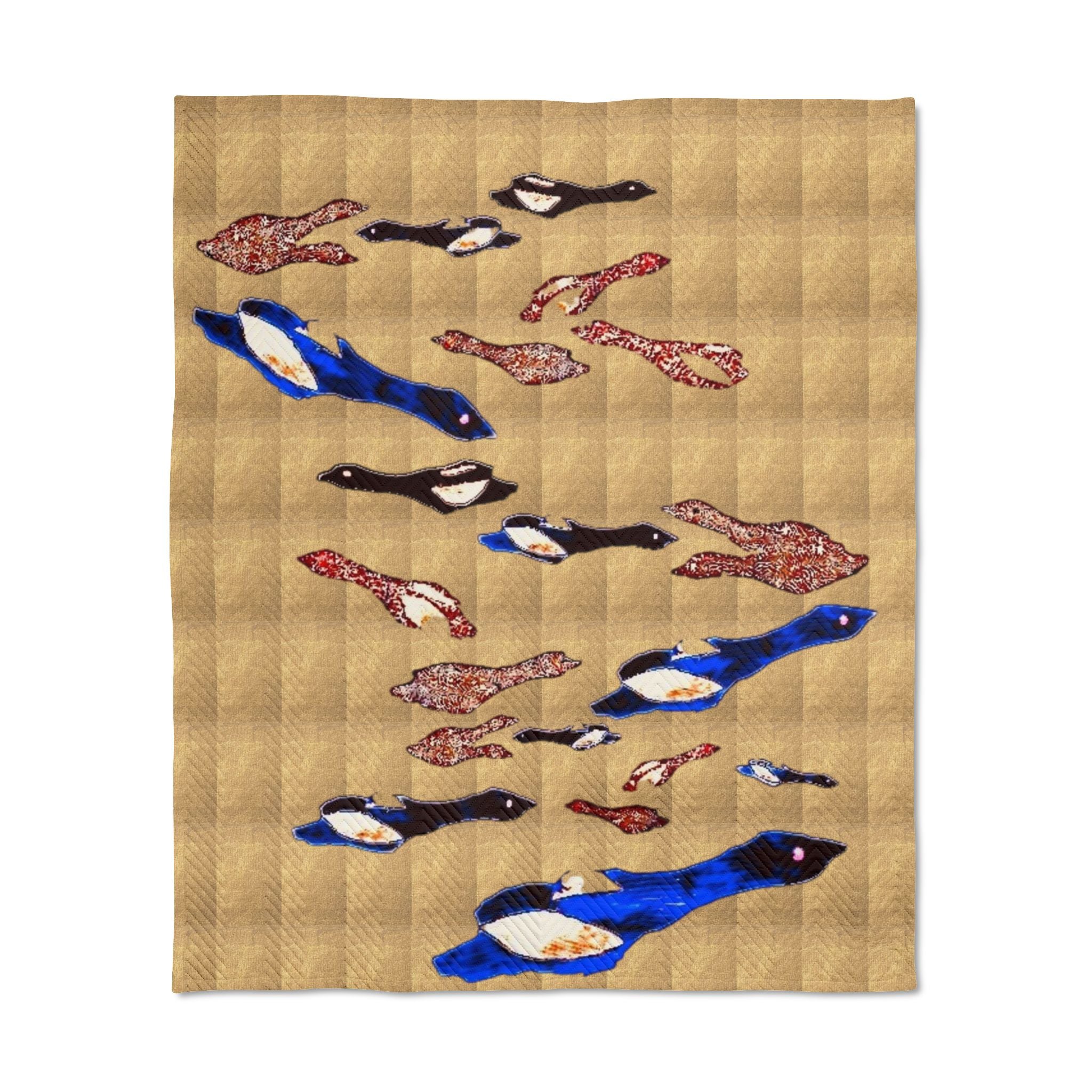 "Fly Me To The Moon" Quilted Throw — Blue and Brown Bird Textile Quilt Patchwork Cozy Throw Blanket