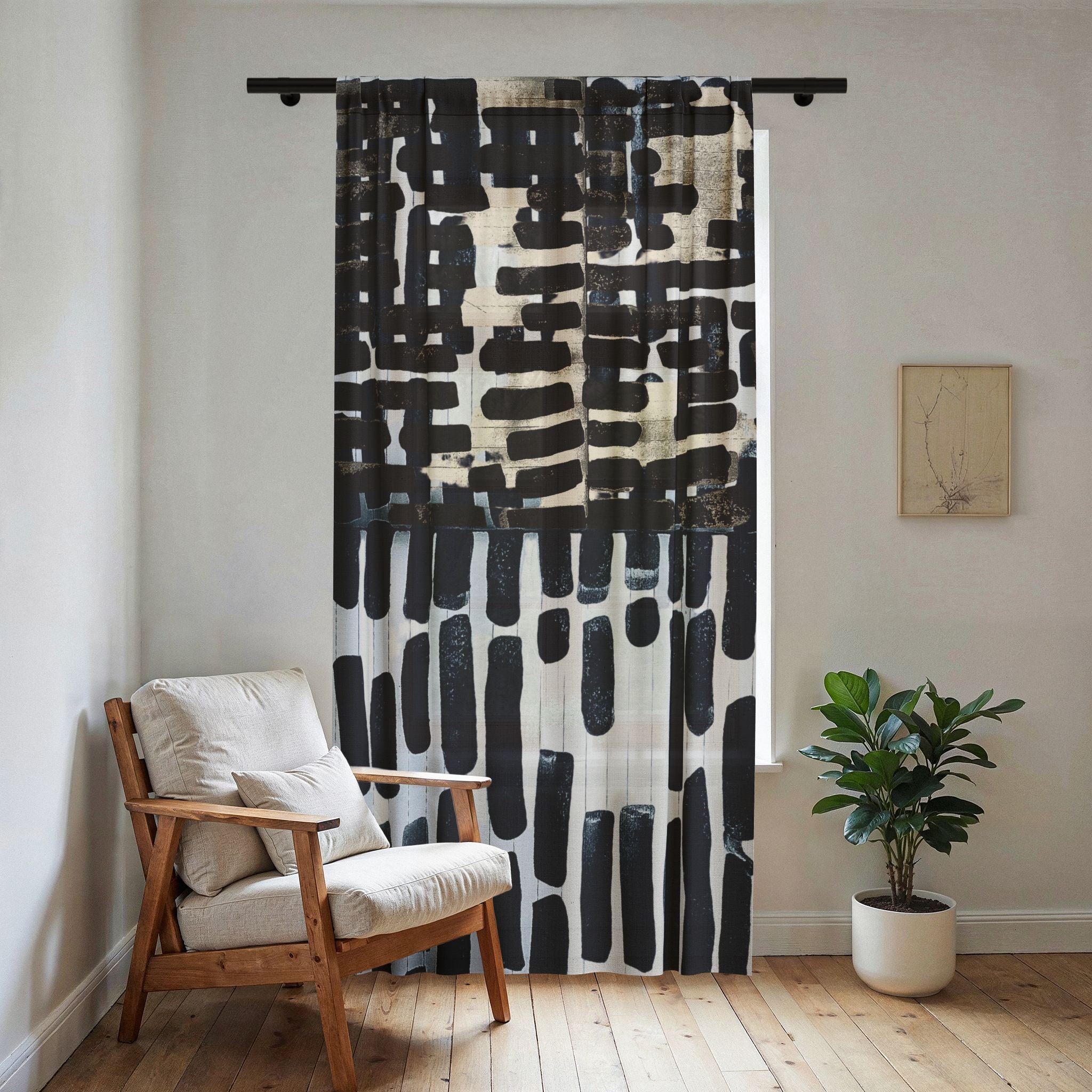 "Only My Notebook Knows How I Feel, My Heart Is On Every Page" Sheer Curtain – Abstract Black, Creme, and White Brushstroke Pattern