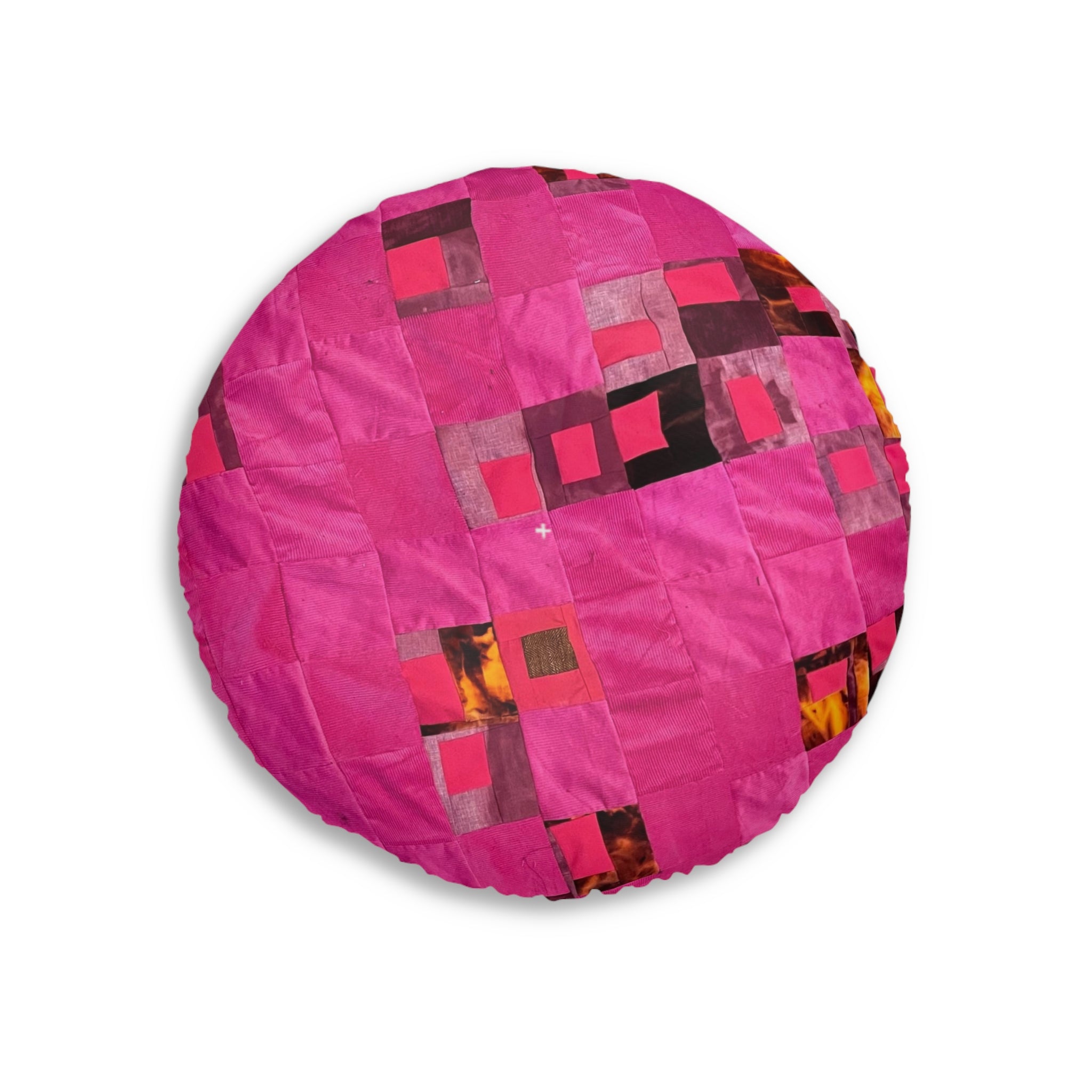 "Lela" Pink Geometric Tufted Floor Pillow — Round Patchwork Accent Cushion