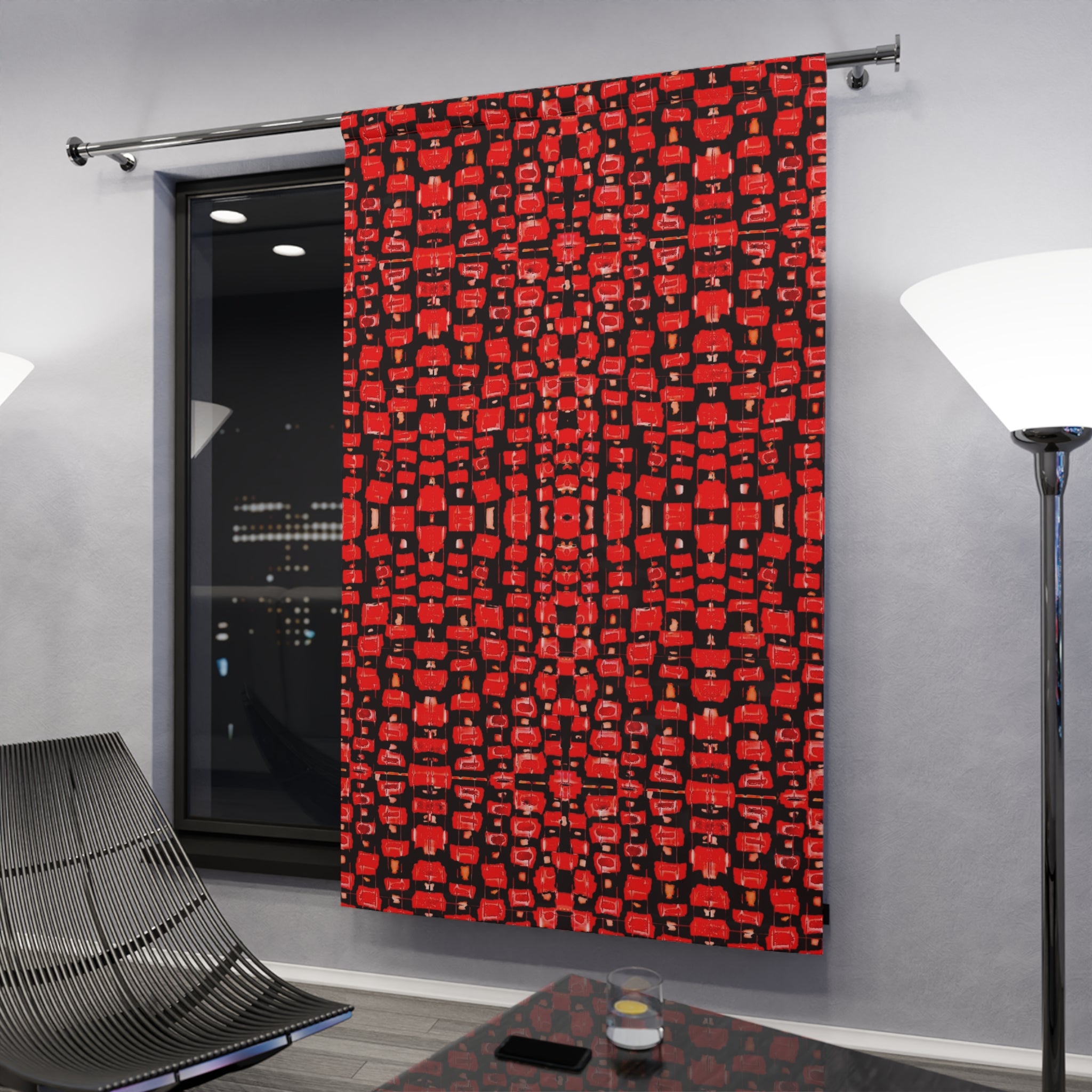 "Japanese Cherry Blossom" Red and Black Reptile Print Window Curtains (1 Piece)