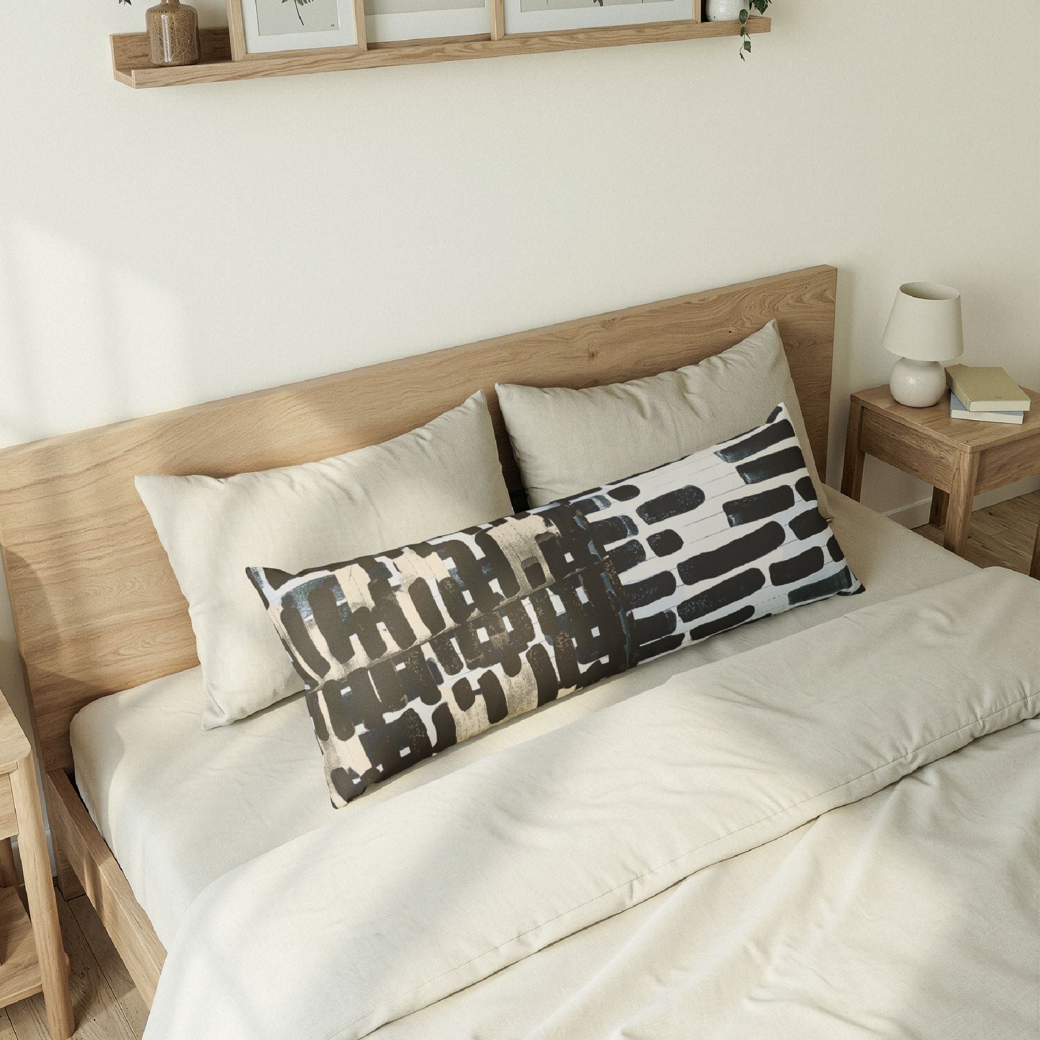 "Only My Notebook Knows How I Feel, My Heart Is On Every Page" Body Pillow — Abstract Black Brushstroke Pattern Lumbar Pillow
