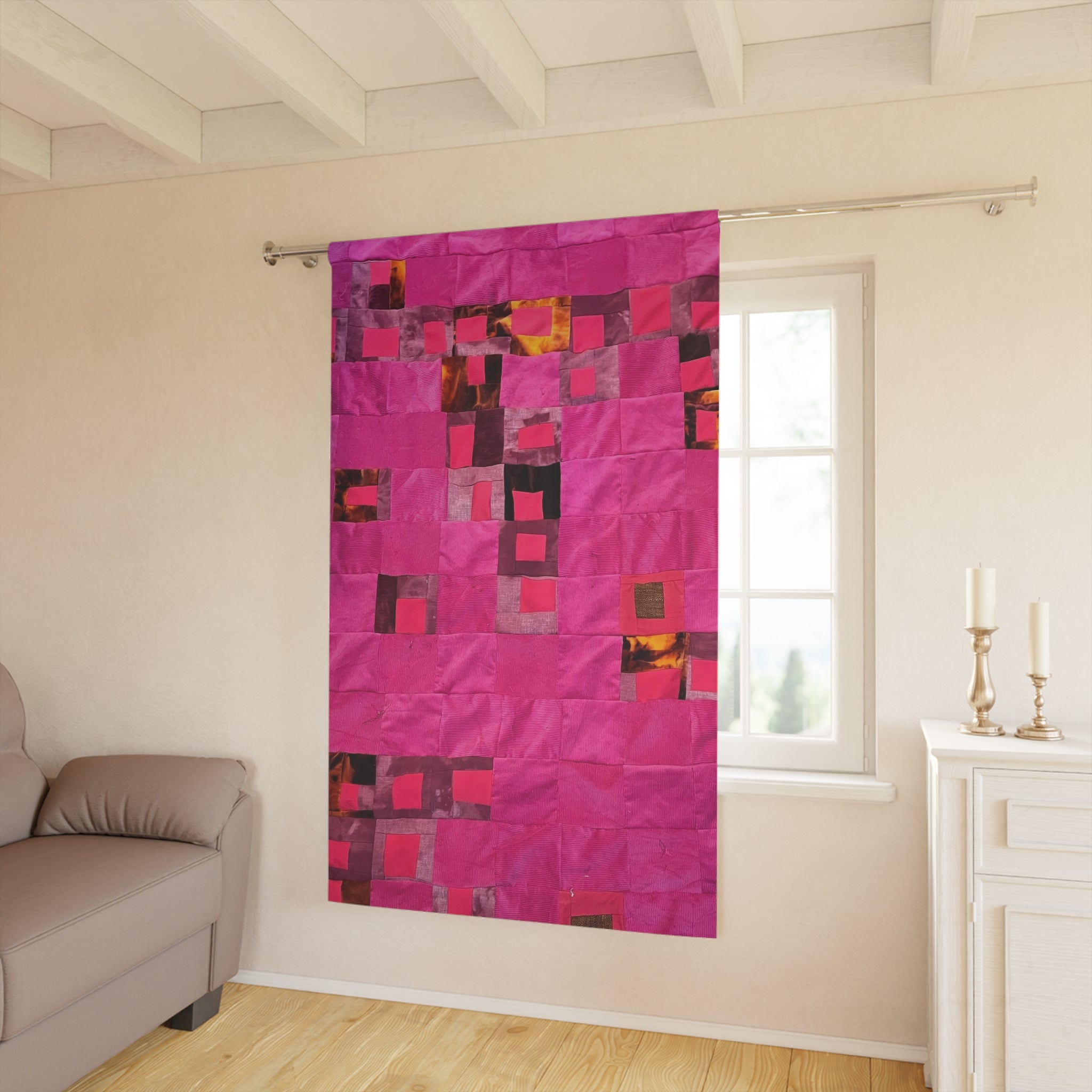 "Lela" Pink Patchwork Curtain Panel — Modern Geometric Window Drapery