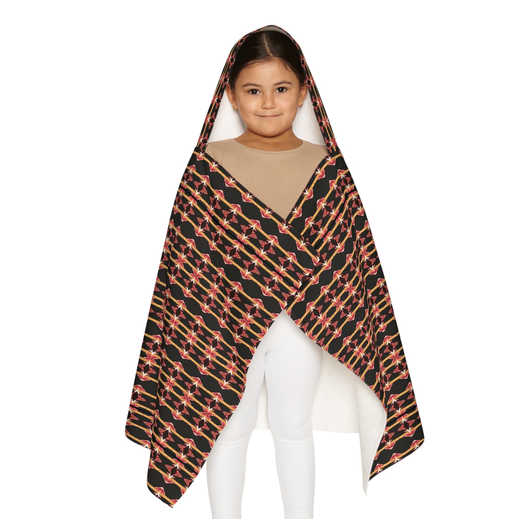 "Native America Now" Hooded Towel - Geometric Coral & Black Kids Beach Wrap